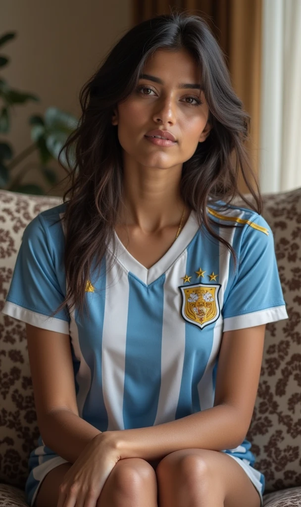 Animated image of a girl alone in a room watching the Colombia game wearing a Colombia shirt with the name Danna and number 7 