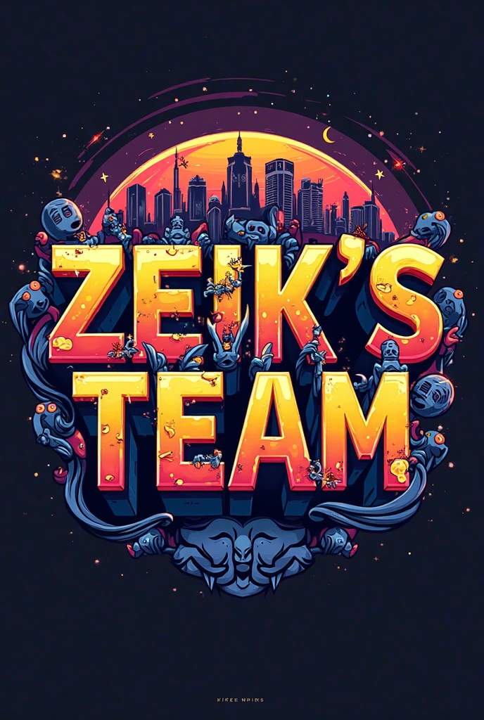 Create a team logo with three men standing and the letters xzy and a fire-breathing dragon.