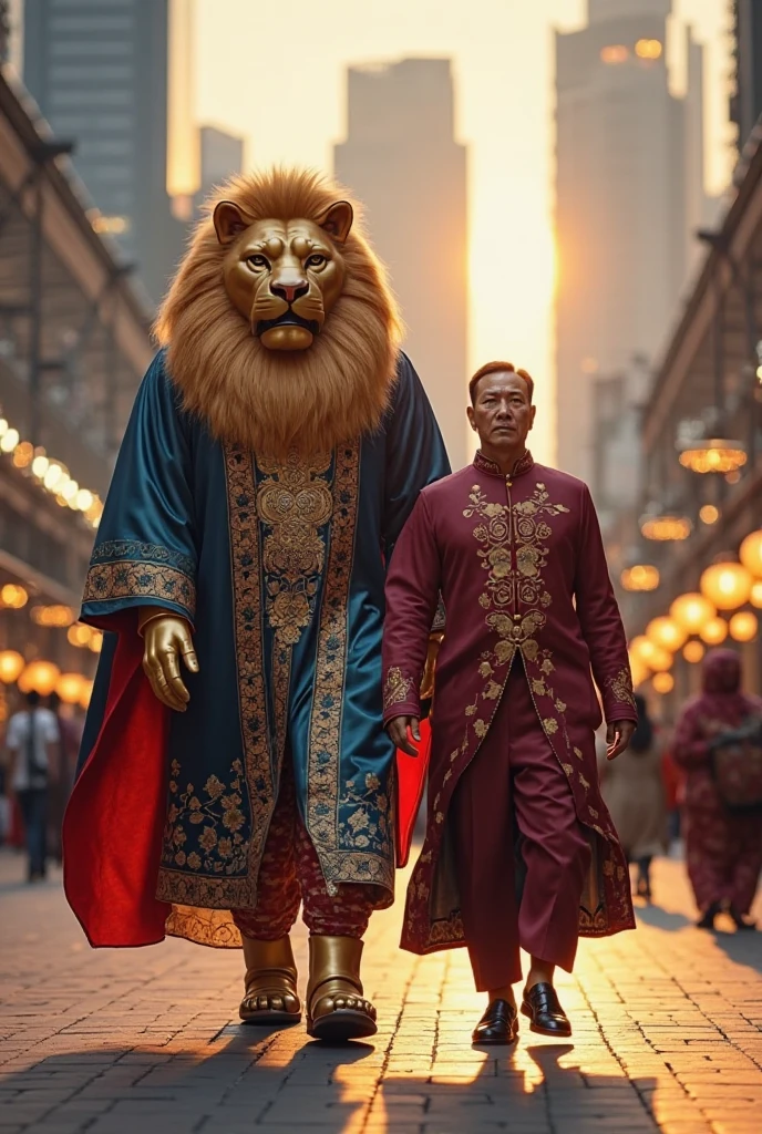 **A towering, muscular humanoid Lion, with a majestic golden mane and piercing, intelligent eyes, strides with authority through the futuristic streets of Singapore. His powerful frame moves with a calm yet commanding presence, every step radiating an aura of wisdom, discipline, and unshakable will. He is draped in an elegant deep-blue and crimson silk robe, adorned with intricate golden motifs inspired by Peranakan and Malay heritage. A finely crafted platinum medallion hangs from his waist, symbolizing resilience and unity, while his tailored knee-length samping and polished leather boots reflect both tradition and power.

Ahead of him walks a tall, dignified leader, exuding confidence and vision. He is dressed in an impeccable modern baju melayu, its deep-maroon fabric complemented by a finely woven songket samping. A rich golden tengkolok sits atop his head, signifying wisdom and high office. His expression is calm yet resolute, as if carrying the hopes and aspirations of a nation that seamlessly blends heritage with progress. The humanoid Lion follows like a guardian of Singapore’s legacy, embodying the unshakable spirit of the Lion City.

The streets of Singapore are bathed in a soft, golden sunset glow, with the iconic Marina Bay Sands standing tall against the backdrop of a dazzling skyline. The Singapore River glistens under the evening light as bumboats glide gracefully, their lanterns casting warm reflections on the water. The air hums with the fusion of cultures—hawker centers buzz with life, filling the streets with the aroma of Hainanese chicken rice, laksa, and satay. The distant sound of a Chinese erhu, an Indian tabla, and a Malay kompang blend into a harmonious symphony of Singapore’s multicultural identity. Gardens by the Bay’s Supertrees shimmer with bioluminescent brilliance, a testament to the city’s commitment to innovation and sustainability. The duo moves with purpose, their presence a powerful symbol of determination, heritage, and an unyielding vision for Singapore’s future.**

