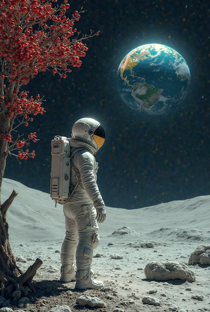 Create an astronaut on the moon,thoughtfully looking at the earth,I want a Renaissance style image with warm colors