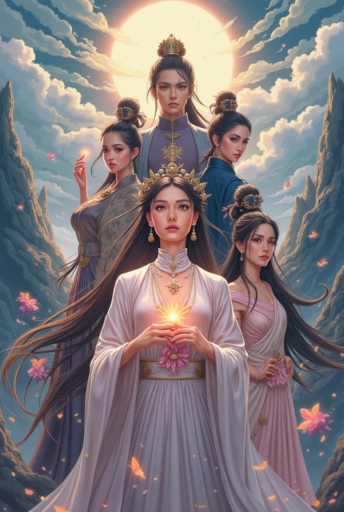 Depict a majestic goddess statue. The goddess is adorned in golden ornaments and is holding divine light in her hands. She gazes directly at the camera. Her expression is serene and full of compassion, with intricate jewels and decorations scattered throughout her hair and garments. The background is surrounded by mystical circular patterns and a halo of light, creating an overall atmosphere of mystique and sanctity.