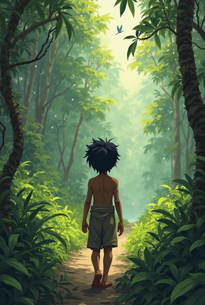 Create an anime-style image of a lost traveler looking confused and tired in a dark forest. Baby Krishna, with his bluish-black skin and gentle smile, stands behind the traveler, guiding them with a soft, golden light. Krishna wears a small yellow dhoti and a peacock feather in his curly hair. The background should depict the forest transitioning from dark to light, showing Krishna’s role in leading the traveler to safety."
