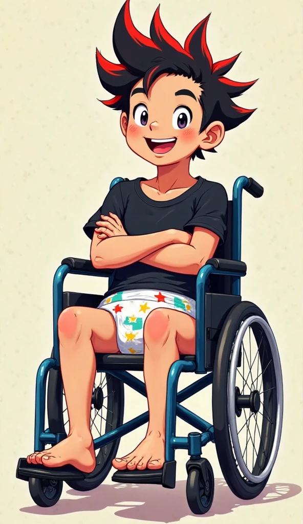 Boy 2, wheelchair bound, black disheveled hair, Pampers diapers with stars, playera hunter x hunter gon, retro headphones, happy face, Crossed arms, showing her feet, anime style, art 2d.