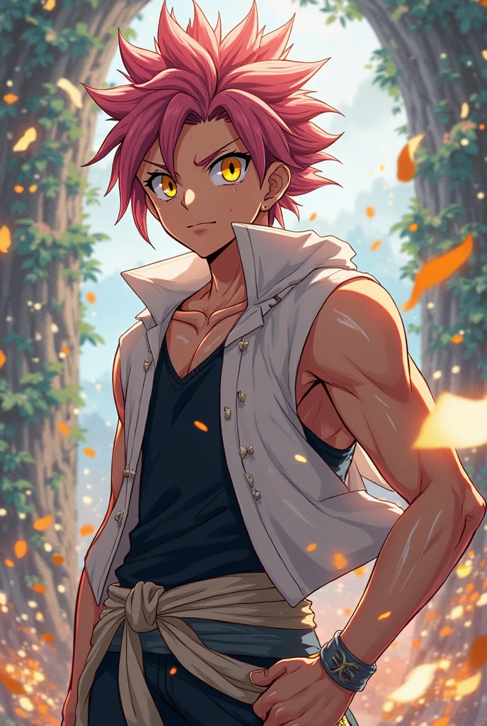natsu dragneel, muscular, manly, tanned, brown skin, dark-skinned, messy spiky hair, salmon-pink hair, open black vest with gold trimmings, white linen arabian jodphurs, irises colored jade, downturned inner corner of the eyes, sharp draconic-like face features, elemental mage, fire, water, air, earth, metal, crystal, lighting, darkness, light, standing on top of ruined building, crushing a metal pole, battered body, tattered flag hangs limply from the pole
