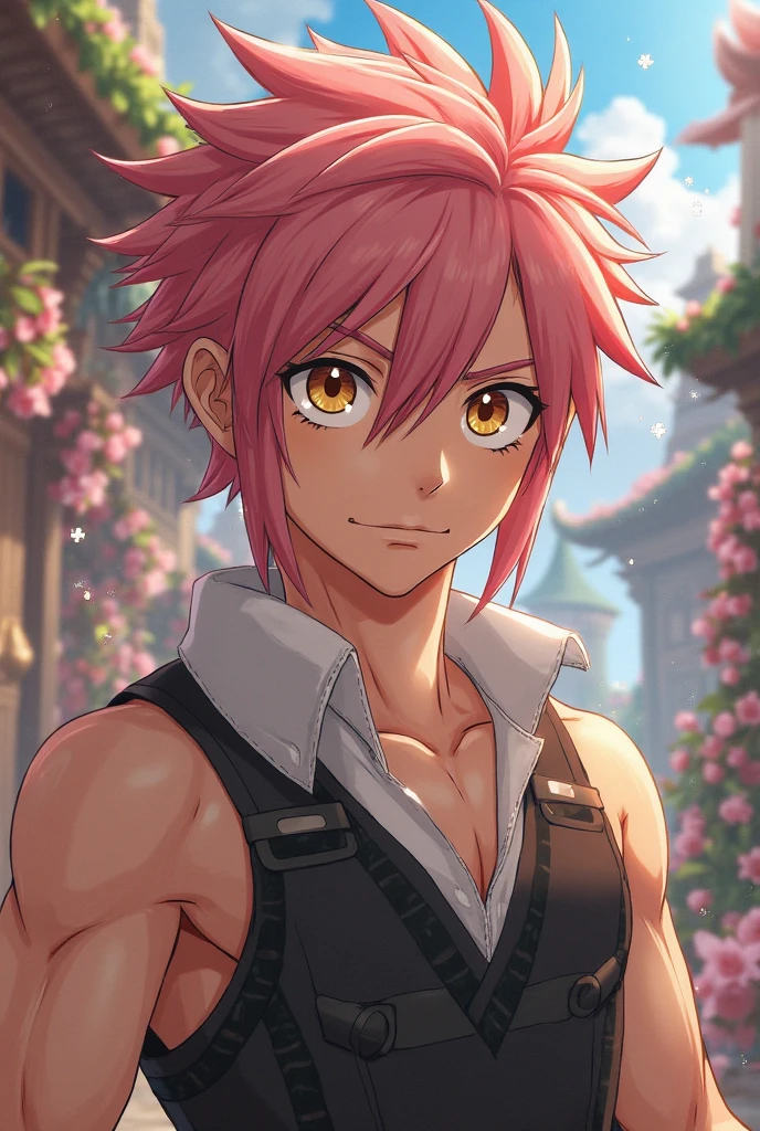 masterpiece, best quality, 1boy, natsu dragneel, scarf, sleeveless, black eyes, fire, arm up, pink hair, ears wolf, tail, red eyes, perfect hands