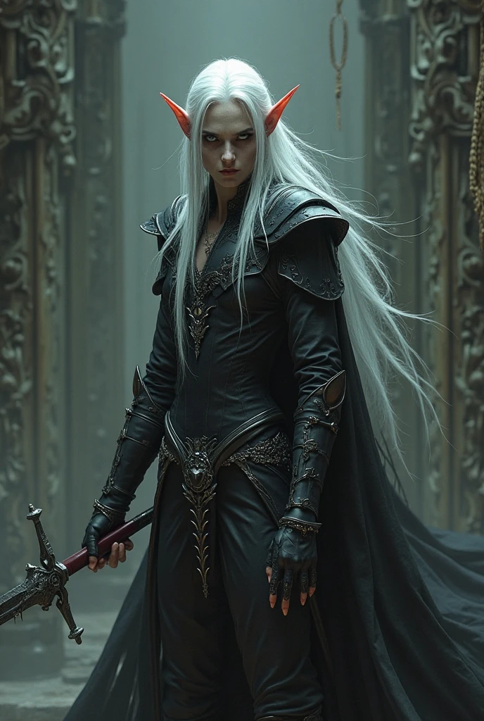 (masterpiece, best quality, 8k, dramatic, dark souls:1.5), (dark sun gwyndolin, dark souls, albino, slender androgynous male, beautiful eyes, long hair, flat chest, male crotch:1.5)
