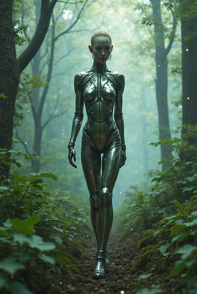 (((Masterpiece))), (high quality), one beautiful alien girl, 15 years old,(Close-up of a woman in a bodysuit standing, Female Alien, Beautiful barefoot girl alien, happy Female Alien, Alien Girl, Gray aliens, Foreign women, Gray aliens, Alien Grey, SF Android Female, Retro-futuristic female android, Beautiful female android, Alien-like, Alien Search, Female humanoid, Art Alien, Sci-fi female characters),(In the forest at night、A gray type alien girl is standing backwards:1.5),(Back view:1.2)