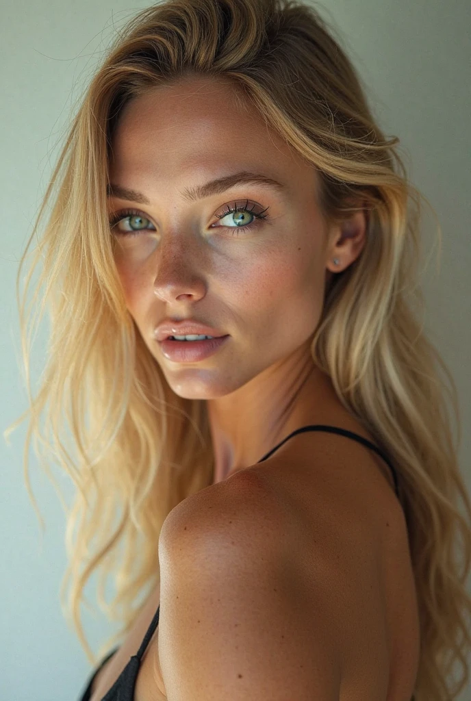 Create a highly realistic, amateur-style image of a young, attractive woman with fair skin and long blonde hair. She is posing confidently, dressed casually in a natural setting, such as a cozy, softly lit room. Her facial features are striking, with blue eyes and a natural expression. She has a well-proportioned figure, with noticeable curves, and the image emphasizes a natural, unposed feel, focusing on her upper body. The lighting should be warm and soft, enhancing the realism and quality of the image while maintaining an authentic, amateur aesthetic.