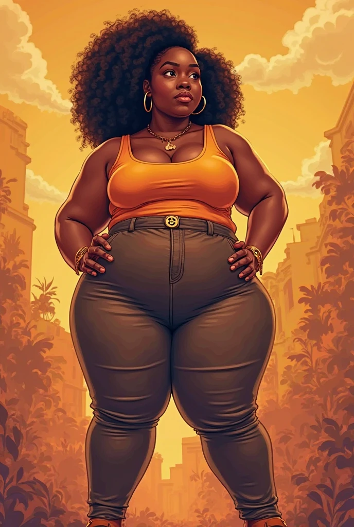 Illustration of A fat and thick black woman with african hair wearing golden casual clothes walking on The street holding a hand mirror, thick body, ultra quality, 8K, olhar sensual, sensualidade, filha de uma deusa africana, illustration style