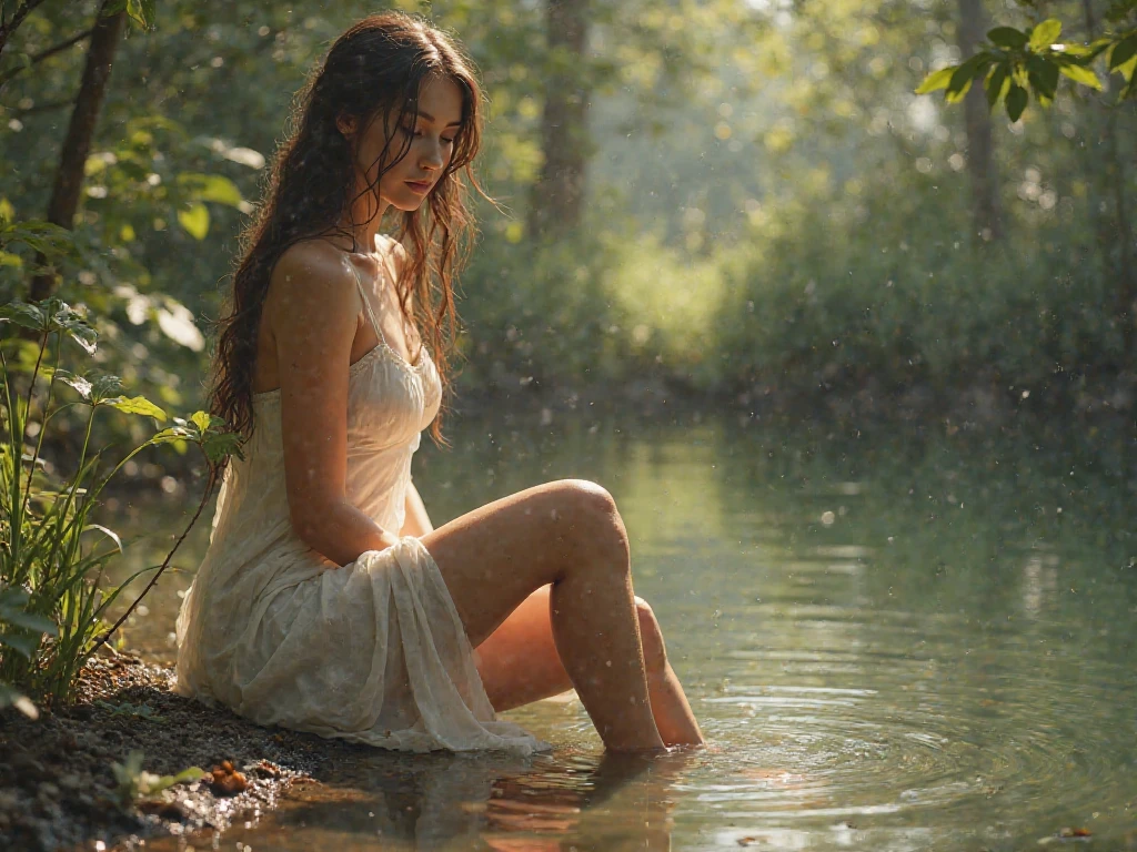 (best quality,4k,8k,highres,masterpiece:1.2),ultra-detailed,(realistic,photorealistic,photo-realistic:1.37),HDR,UHD,studio lighting,ultra-fine painting,sharp focus,physically-based rendering,extreme detail description,professional,vivid colors,bokeh,portraits
A girl squatting in a stream and splashing water on her body. She has beautiful detailed eyes, long eyelashes, and beautiful detailed lips. The water droplets are glistening on her skin. The stream is crystal clear, reflecting the surrounding lush greenery. The sunlight filters through the trees, casting a soft glow on the scene. The girl is wearing a white summer dress that clings to her wet body, accentuating her curves. She is surrounded by colorful wildflowers, adding a touch of vibrant beauty to the serene atmosphere. The water splashes create a sense of energy and liveliness. The overall color tone is warm and inviting, with a soft and dreamy atmosphere. The artist has skillfully captured the girl's expression of pure joy and freedom. The painting is done with meticulous attention to detail, showcasing the artist's expertise in creating lifelike textures and vibrant colors. The artwork exudes a sense of tranquility and natural beauty, evoking a feeling of being one with nature.