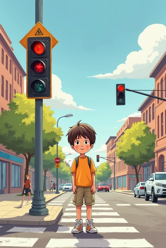 Draw Carlitos an 8 year old boy with straight brown hair the magic traffic light had the ability to tell fun stories and make interactive games so that children could learn while having fun. For example, when the traffic light turned red, told the story of "red, the brave lion", who always stopped to protect his friends when they crossed the jungle. When it turned green, I taught them songs about the importance of looking both ways before crossing.
