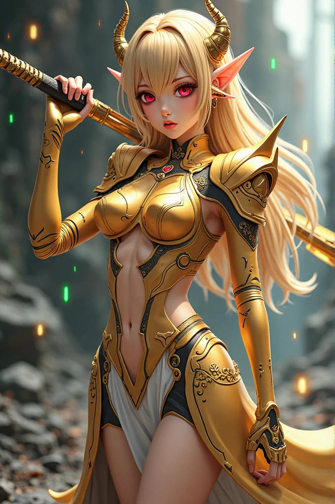 Allard woman in golden suit holding sword and sword, clear glasses, 3D rendered character art 8 K, CGsociety masterpiece, sexy blonde warrior, Ross Tran 8 K, armor girl, amazing 8K character concept art, IG model | artgerm, by Oliver Sin, artgerm Julie Bell beeple, very detailed artgerm