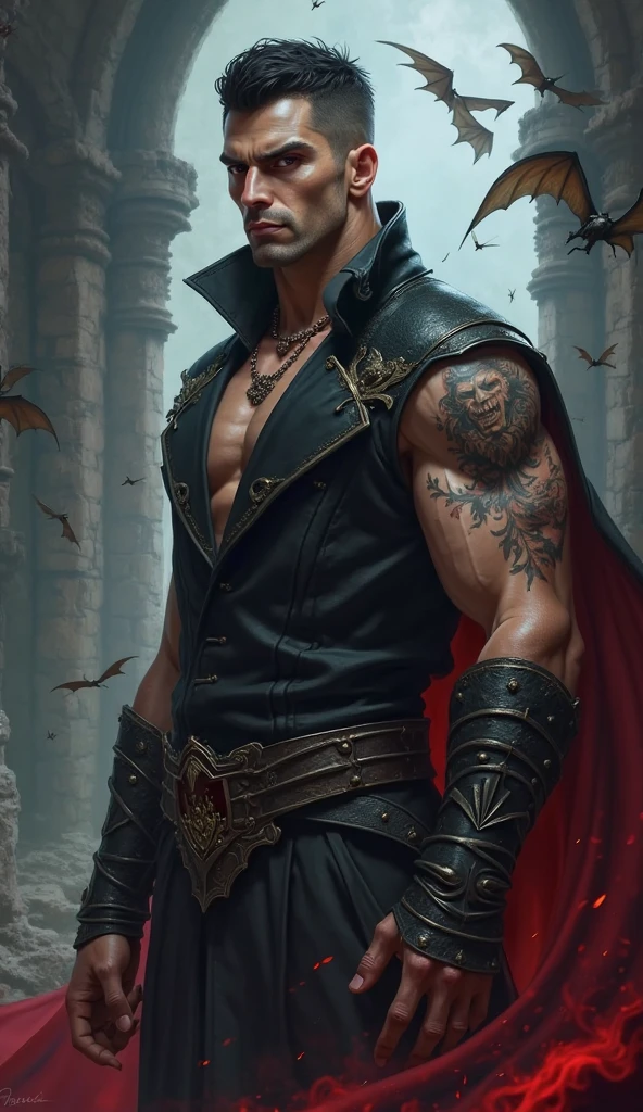 A naked muscular man, mature man, football player body type, wizard, wizard clothing, blood moon, red blood moon, Magical power, handsome face，eyes shining，The man looks confident and determined, crew cut, Stars dot the sky, the night sky looks sinister and dangerous, blood red night sky, evil but attractive man