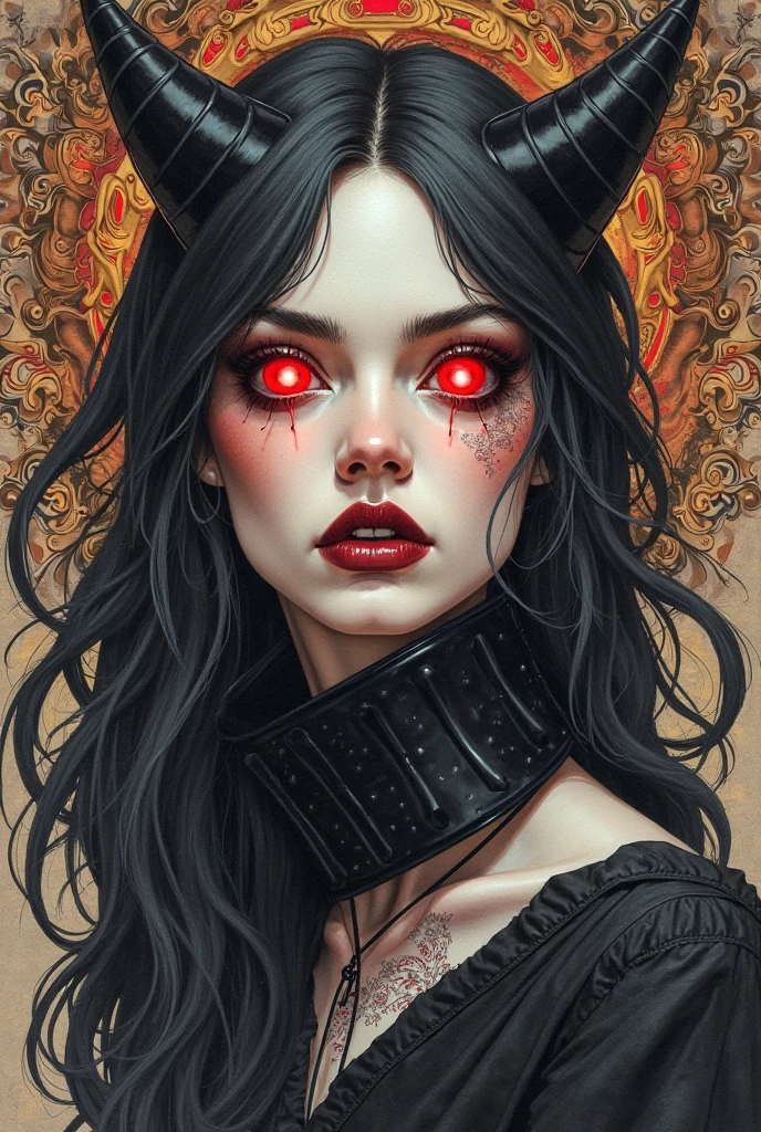 score_9, score_8_up, score_7_up,  1girl, rating_explicit KarlachBG3, colored skin, demon girl, tail, yellow eyes, tattoo, wearing virgin destroyer sweater,  