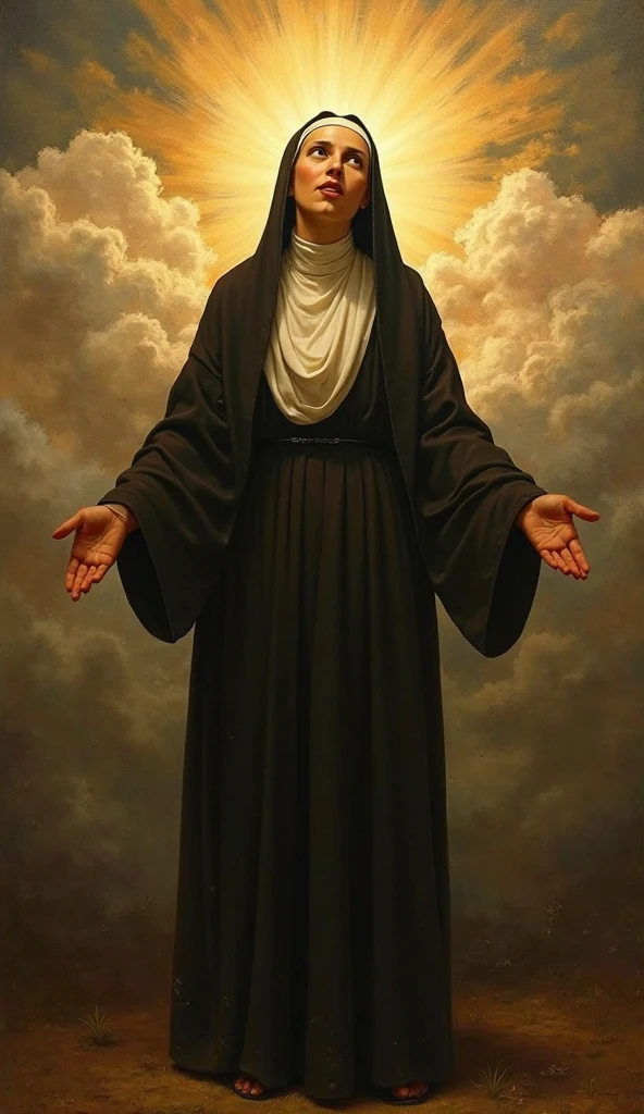 Black Virgin Mary standing half to the side with her hands in a sense of intercession, Exterior scene in a field, Open portrait photography, Half-length photography focus, hyper-realistic photography, dramatic lighting, Bright environment, 8k, volumetric fog, movie poster style, Ultra-detailed.