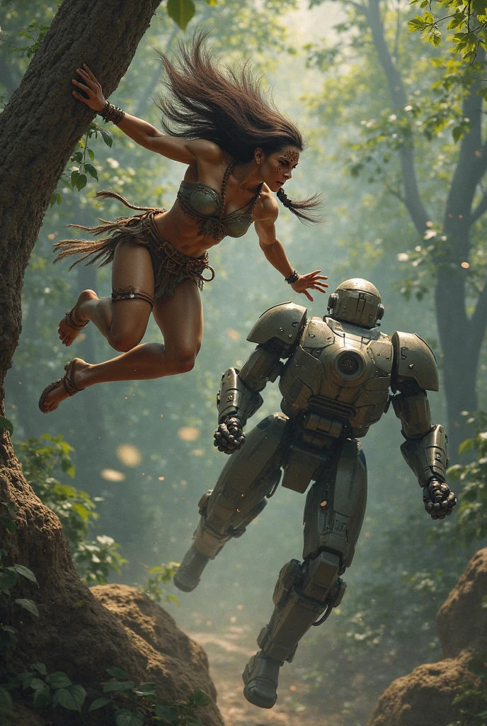 avatar movie inspiration A closer shot shows a Na'vi warrior engaged in close combat with a human soldier in a mech suit. The Na'vi leaps onto the mech, using agility and speed to outmaneuver the mechanical giant. The warrior stabs at the joints of the suit with a spear, trying to disable it. Sparks fly as the spear connects with metal, and the soldier inside struggles to maintain control. The scene is intense and chaotic, emphasizing the clash between the organic Na'vi and the mechanical humans. Key Elements: Na'vi warrior, human soldier in mech suit, close combat, sparks, intensity, chaos.