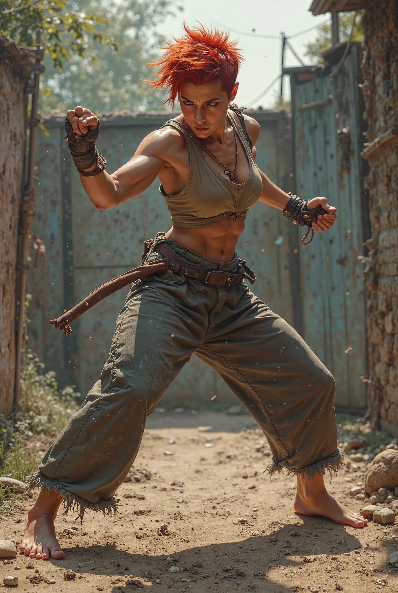 A photorealistic image of a young girl training to be a street fighter. She is outdoors, on a weathered jungle at sunset. The girl is in a powerful stance, mid-air performing a roundhouse kick (kicking:1.5). Her right leg is extended straight (straight leg:1.5), foot flexed, with a faint light streak trailing behind her shin to show the kicking motion (motion:1.8), similar to manga art. She wears worn athletic clothing, including a tank top and ripped black joggers. Her determined expression is etched with concentration. The golden light of the setting sun casts long shadows and highlights the dust particles in the air. UHD, super detailed, epic realism, dramatic light, best quality walpapper, 8k