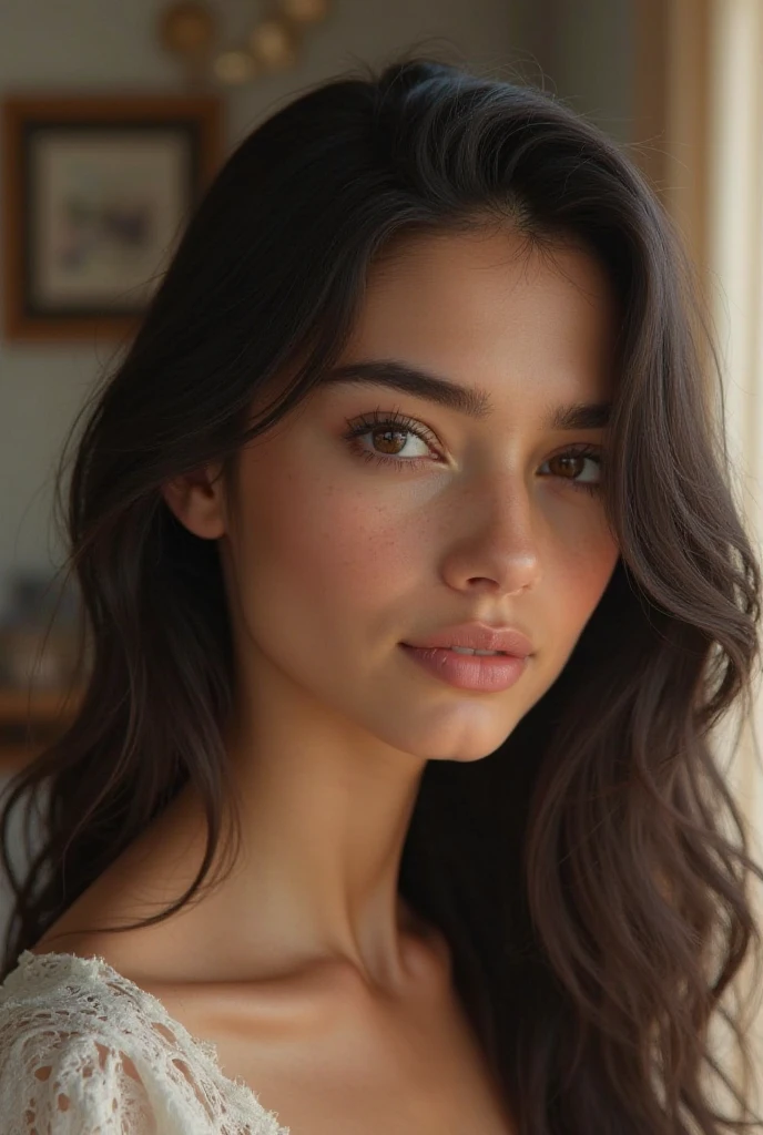 High-resolution, masterpiece-quality portrait photo of a radiant Lydia with a perfectly balanced oval face. Her long, straight, black hair cascades down her shoulders in soft, flowing waves, framing her radiant face. Her mesmerizing, light honey brown eyes shine with intelligence and warmth, drawing the viewer in. Lydia's radiant smile lights up the scene, and her naturally full, rosy lips add a touch of allure to her captivating presence. Her skin is smooth, soft, and has a warm, golden tone, further enhancing her natural beauty in this high-definition image --ar 3:4, iw 0.7
This