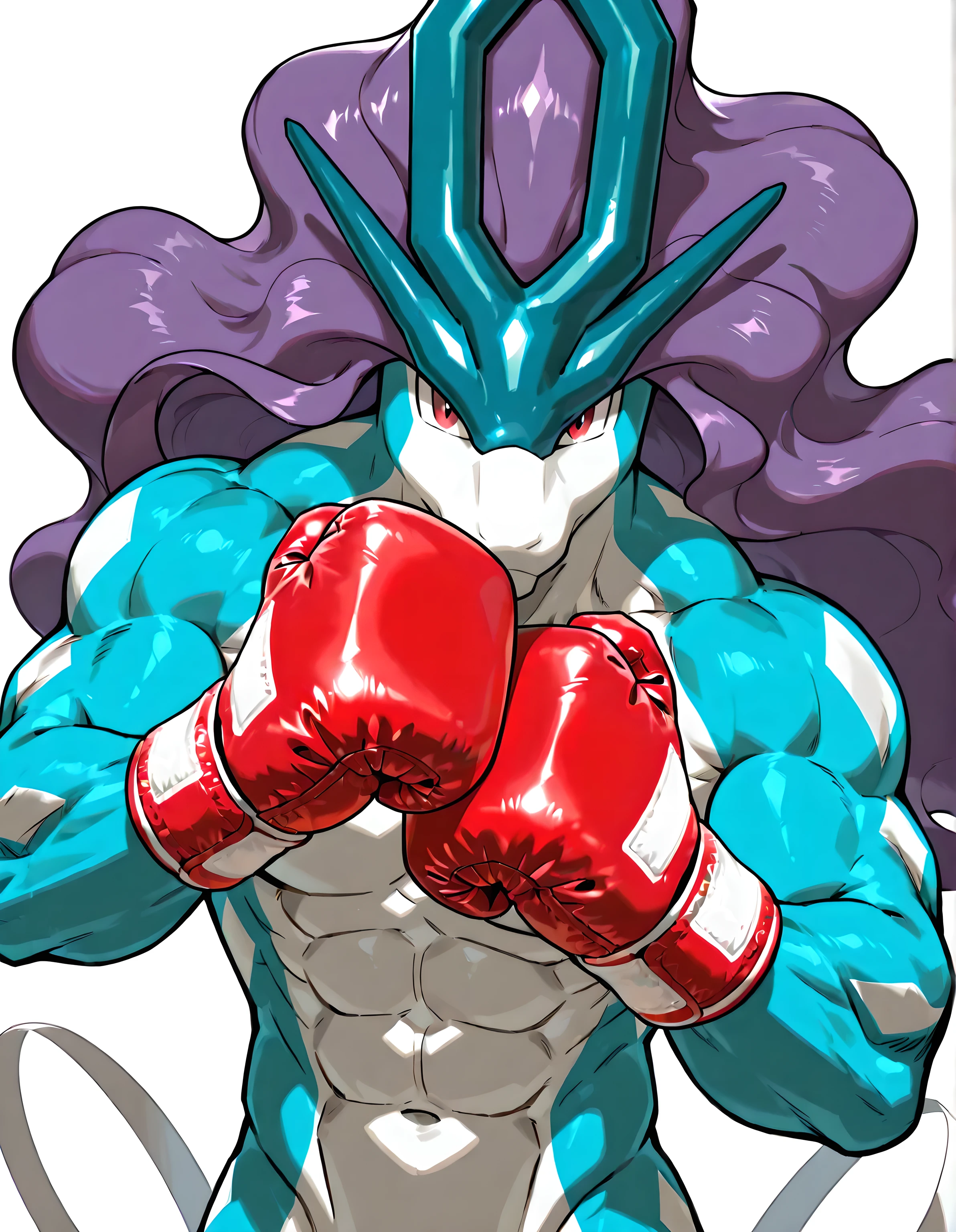 Suicune, pokemon_(creature), blue body, purple hair, high quality, male, solo, white background, no background, looking at viewer, posing, half body, muscular, wearing purple boxing_gloves, pov_boxing, boxing posture, boxing stance, front view,
