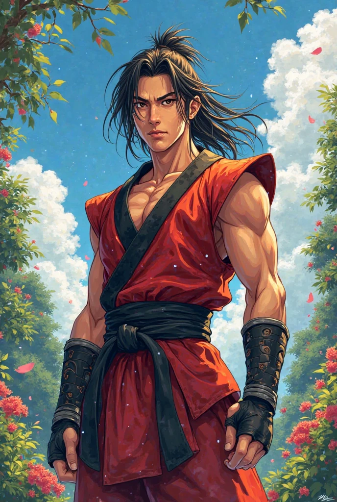 Kung fu fighter, adult, spiky black hair, locks of hair in pink color, white belt at the waist, red marks on the face, orange eyes, serious expression, muscular man, thin waist, defined legs, red kimono, tight red kung fu blouse, black kung fu pants, red armbands on the arms, nature scenery.