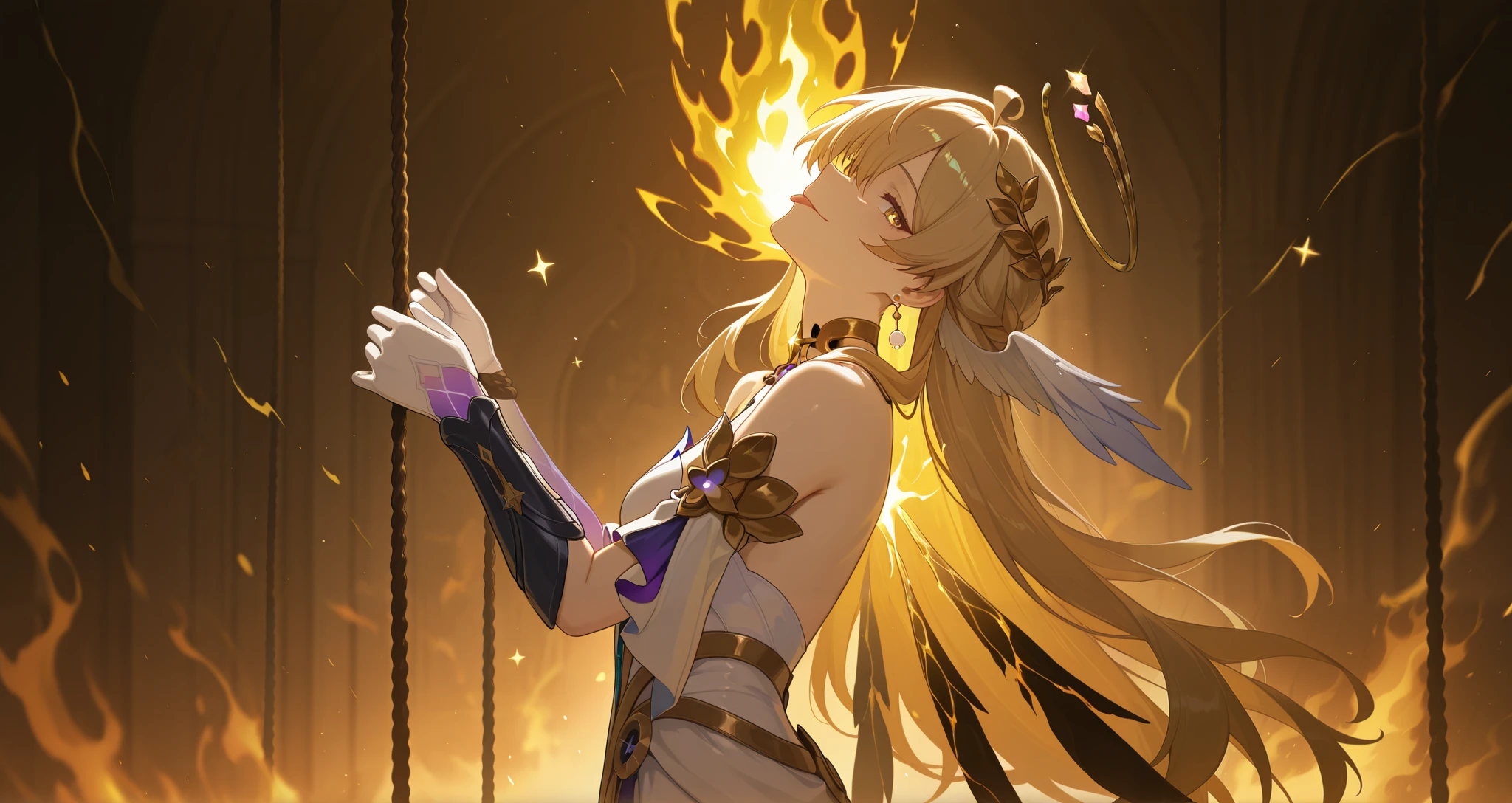 realistic lighting, masterpiece, highres, absurdres, depth of field, best quality, amazing quality, very aesthetic, high resolution, newest, hyper-detailed, 1girl, mature woman, upper body shot, detailed skin, extremely detailed eyes, robin_(honkai:_star_rail),head_wings,ahoge,1girl,halo,detached_sleeves,jewelry,white_gloves,star_\(symbol\),white_dress,earrings,dress ,((laurel crown, golden hair:1.15), golden eyes:0.9), scowl, (corrupted energy, foggy aura:1.1), glitch, small breasts, armor, head tilt, greek armor, golden aura, golden fire, ancient greek clothes, armored, vambraces, sadistic smile, kubrick stare, head tilt, from the side, side profile, looking to the side, smirk, Suspension, suspended in air, tied wrists, corrupted wings, head thrown back, pleased expression, lustful gaze, tongue out, slutty,