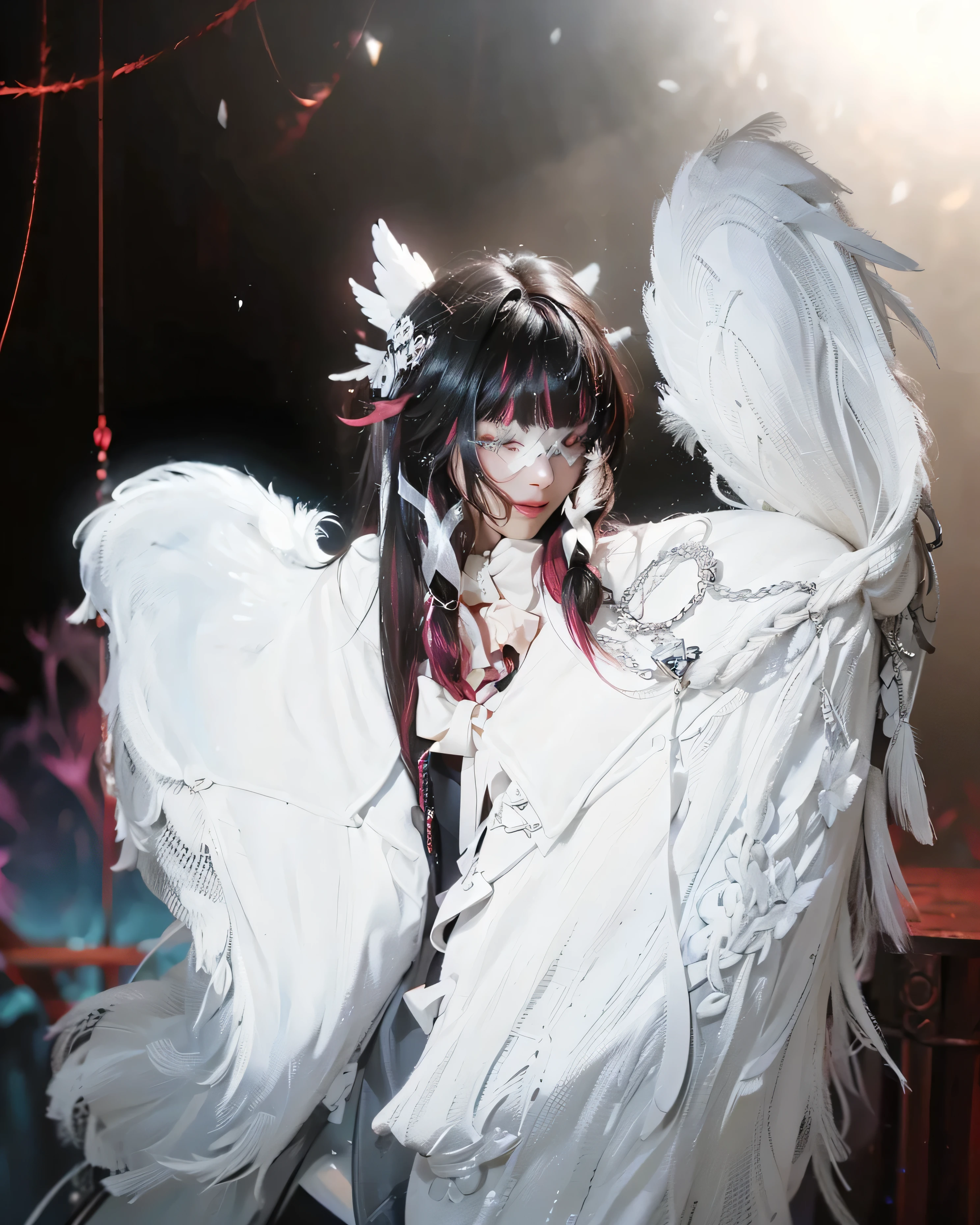 ((COLOMBINA_GENSHIN IMPACT)),((realistic, photorealistic)),(highlight hair)), Light reflection, (( HD )),((upper body)), (((best quality, masterpiece))), (masterpiece) (best quality) (detail) (8k) (HDR) (wallpaper) (cinematic lighting) (sharp focuasterpiece, best quality: 1.1), Real life adaption of this character, realistic outfit, realistic shadow, realistic light, realism, hyper realistic, realistic background,realistic hair,(photorealistic:1.2), (masterpiece: 1.2), (best quality: 1.3), (clear details: 1.3), ((((ultra-detailed)))), ((detailed eyes)), (extremely detailed face:1.4), (highly detailed eyelash:1.6), 1girl, (Realistic painting style:0.9), masterpiece, best quality, absurdres, looking at viewer, solo, 1girl, long hair, black hair, red hair, solo, closed eyes, eye_mask, head wings, hair ornament, blunt bangs, light blue spotlight shining down, feathers, dark, angel wings, falling feathers, evil, mysterious, over the shoulder pose, black background, wind, smiling, jacket,White angel wings, white feather wings,(perfect hands, perfect anatomy)
