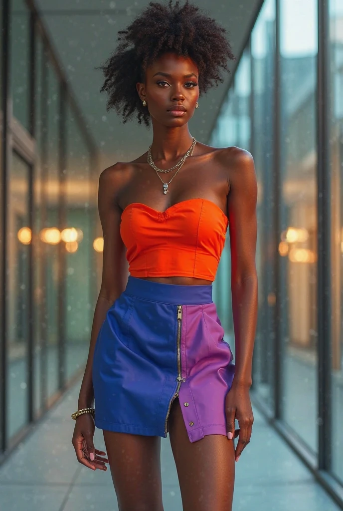street girl, dressed mini blouse depleted with flower designs::5, dry skirt::4 tapered long::4 below the knee::6, left side with 4 buttons::5, with a small opening underneath 10cm (large chain: 1) (small chain: 1) (medium curved chain1)) chains on the left side, with curly brown hair, mulatto skin, a tribal tattoo on the arm,  black eyes, ((full body)), ((perfect face)),((perfect iris eyes)), walking in the city by day, on street with some cars and walls with graffiti art, Social realism, Realism, ray tracing, reflection light, high quality, high details, super detail, 8k, 16k, best quality