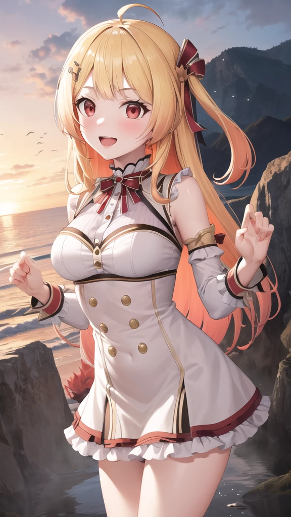 Fantasy 16 years old princess blonde hair red colour short skirt white long stockings black colour shoes little crown on her head sexy