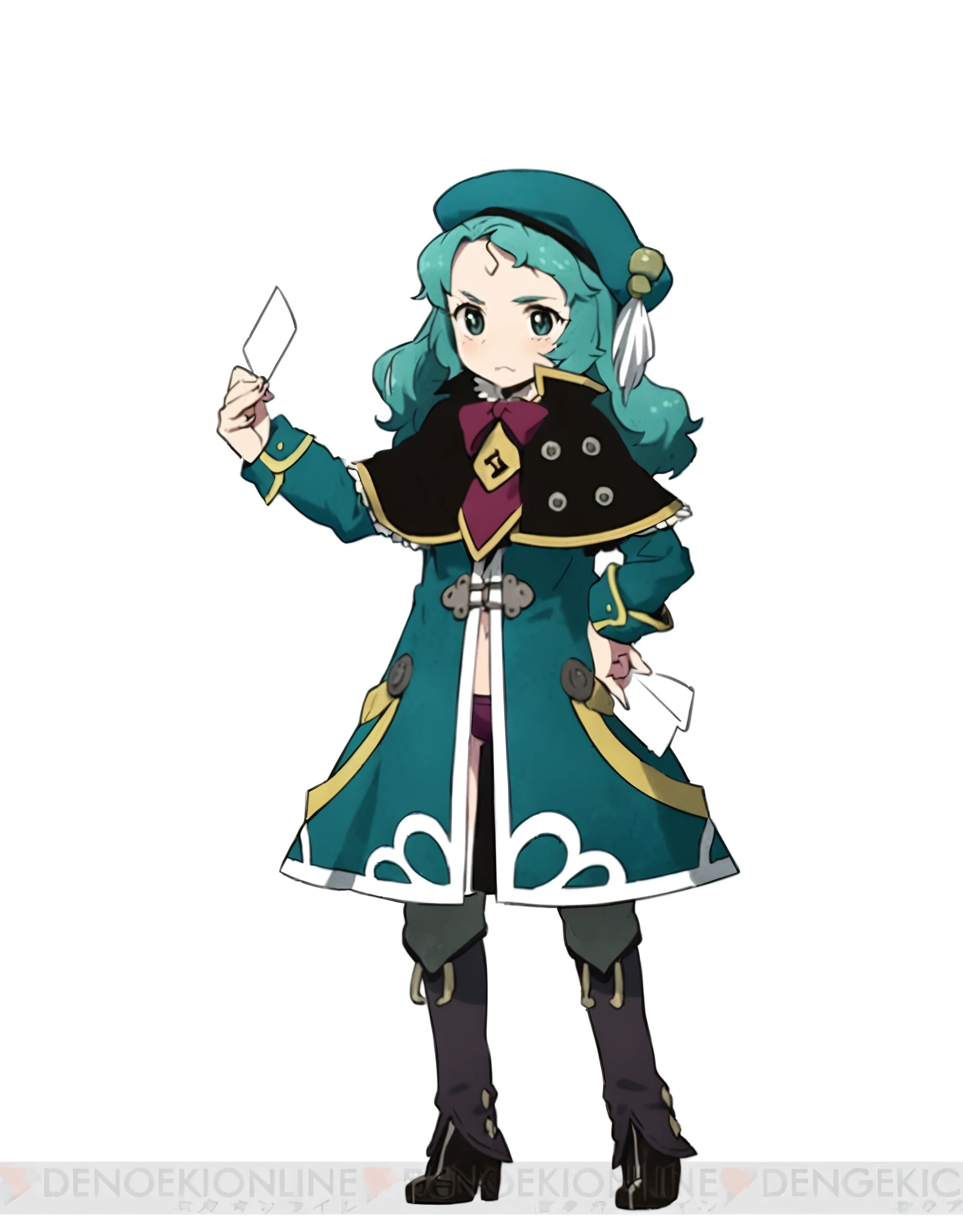 a woman with a blue coat and glasses wearing a hat, official character art , Villain Anime Girl, Alchemist girl, Mai Yoneyama, Aqua from Konosuba, Tatar , Official Art, Rune Factory 5 , main character, JRPG characters, Famous Makinami, Wataru Kajika , female protagonist taking up arms 👀 :8, Teal uniform、Change the background to a prison with a pink bed