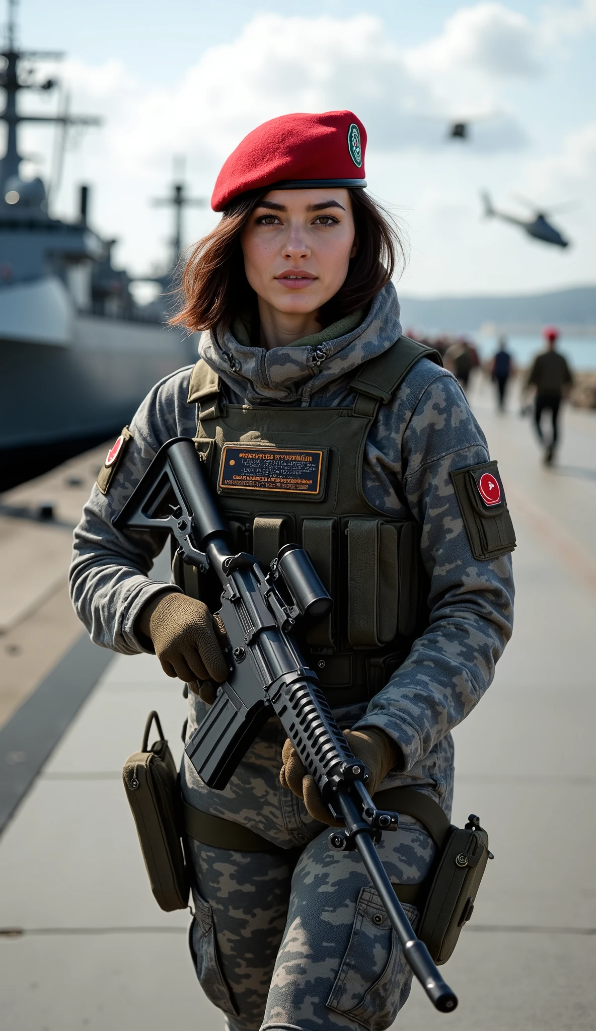 A stunning and elegant 20-year-old Turkish woman serving as a naval special forces operator, embodying both beauty and strength. Her face is captivating, with sharp yet graceful features, deep brown eyes filled with determination, and lips set in a focused yet alluring expression. Her dark brown bob is neatly styled, exuding discipline and confidence.
She wears the iconic red beret of the Turkish naval special forces, a symbol of elite training and dedication. Her tactical camouflage uniform blends shades of blue, gray, and black, optimized for maritime operations. The uniform is fitted yet functional, reinforced with padding and multiple pouches for carrying essential gear. Over her uniform, she wears a tactical vest featuring the insignia of her unit, secured tightly to her body.
In her hands, she grips the signature rifle of the Turkish naval special forces, equipped with advanced optics and tactical attachments for precision and versatility in combat. Her posture is strong and purposeful, walking with confidence across the naval base, her movements precise and calculated, ready for any mission.
The background captures the bustling atmosphere of a Turkish naval base, with warships docked along the shore, towering cranes, and naval personnel preparing for deployment. Helicopters hover in the sky, and military vehicles move across the base, adding to the intensity of the scene. The sea glistens under the sunlight, reflecting the powerful presence of the Turkish Navy. This three-quarter body portrait positions her in motion, showcasing her as a formidable yet graceful warrior of Turkey’s elite naval forces.