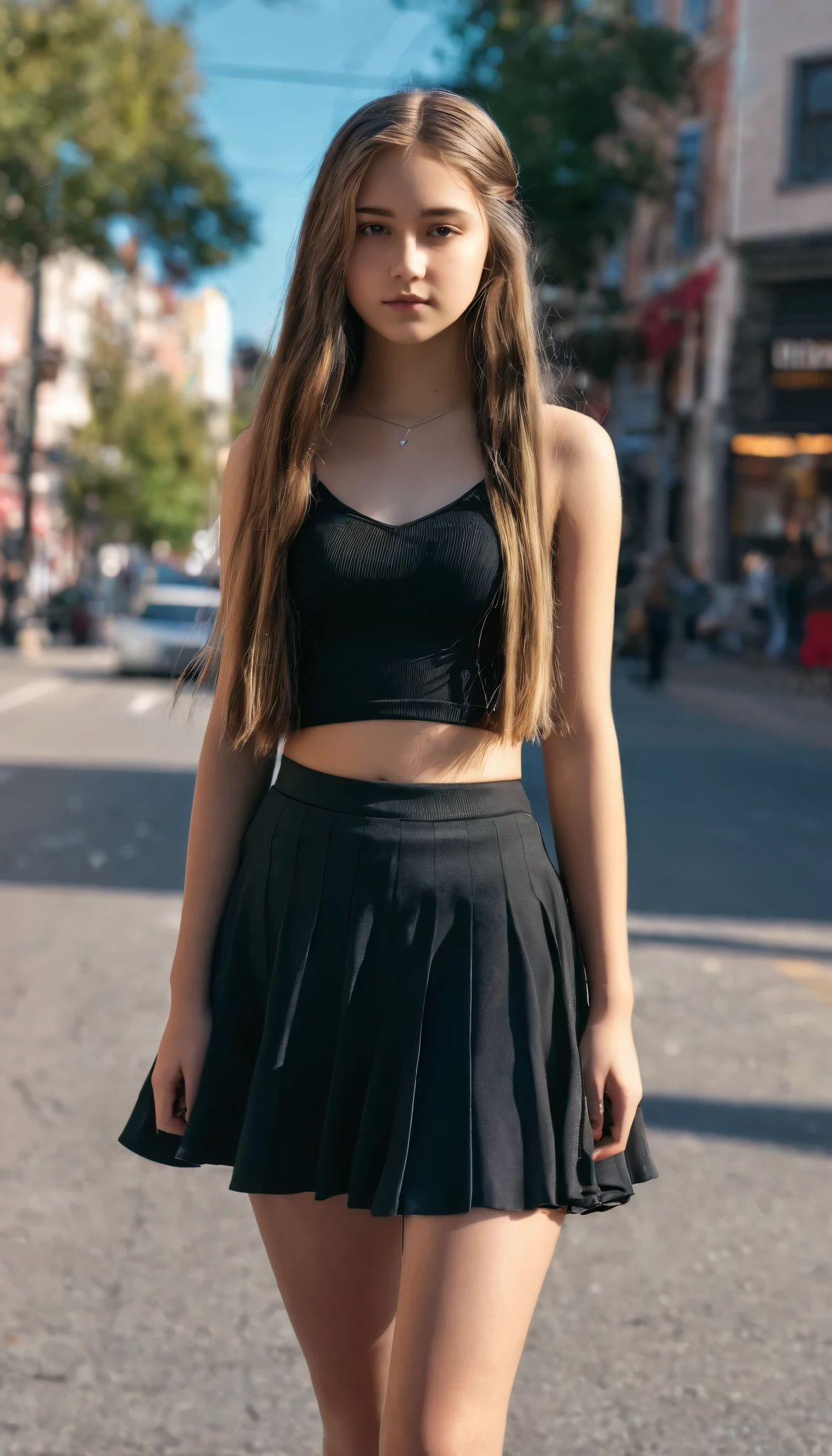 a 13 year old girl with straight hair wearing fishnet stockings and a skirt 