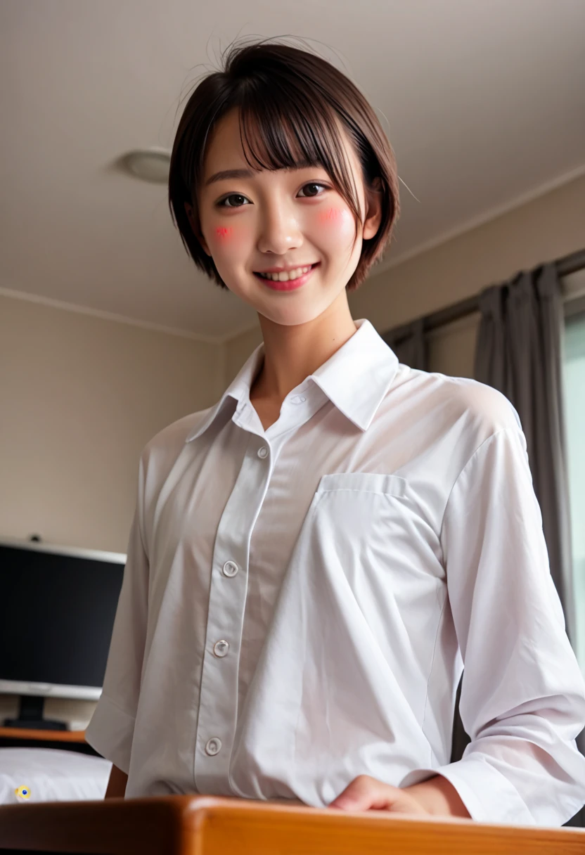 ((highest quality、masterpiece、High resolution))、(((Zoom photo of upper body)))、A shy smile、15 years old、Large Breasts、Nurse uniform、Black Hair、Trimmed bangs、short hair