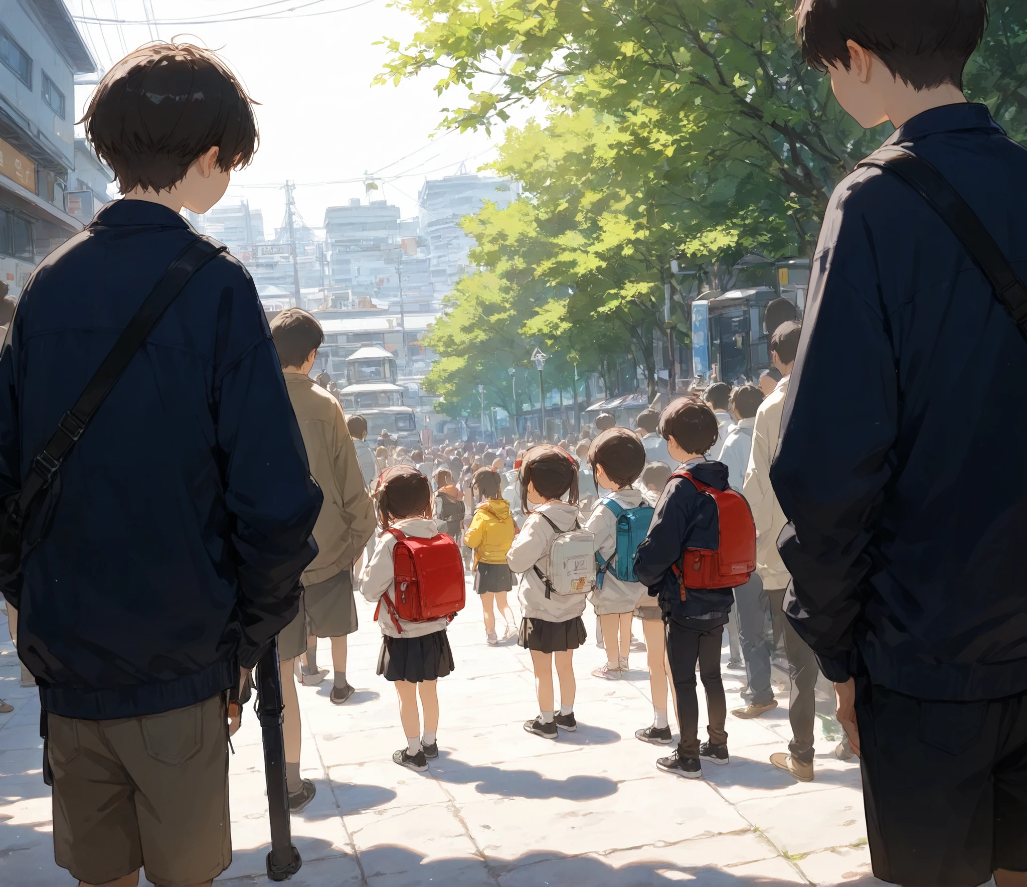 (poor humans), a small group of people, standing around,