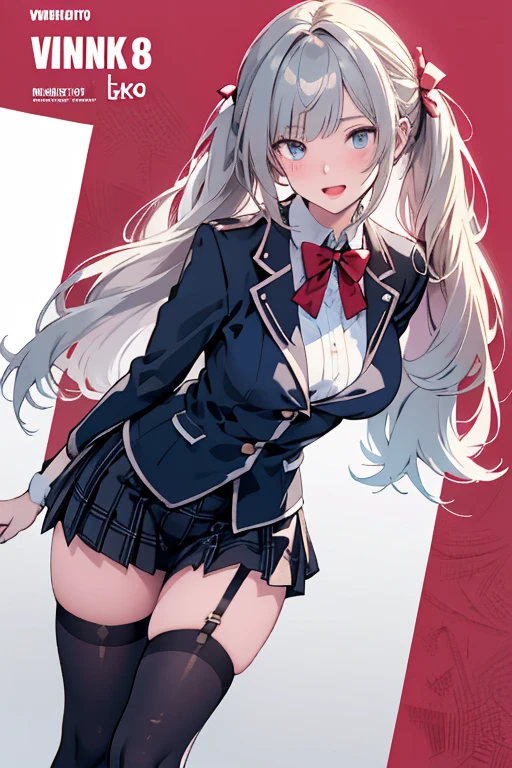 masterpiece, (realistic, photo realistic:1.2), ((highest quality), extremely fine and beautiful, beautiful face details, real human skin, realistic, photorealistic, cowboy shot, Alisa Mikhailovna Kujou, ahoge, long hair, grey hair, hair intakes, hair ribbon, red ribbon, sidelocks, hair between eyes, bangs, blue eyes, school uniform, grey jacket, cropped jacket, blazer, open jacket, open clothes, wing collar, red bowtie, collared shirt, white shirt, medium breasts, long sleeves, black dress, pleated dress, double-breasted, zettai ryouiki, white thighhighs, White underwear, (wind, wind lift, Skirt lifted by the wind, skirt rolled up by the wind, Skirt flutters:1.5), (Fully exposed panties:1.5), (white panties:1.5), (standing :1.2)