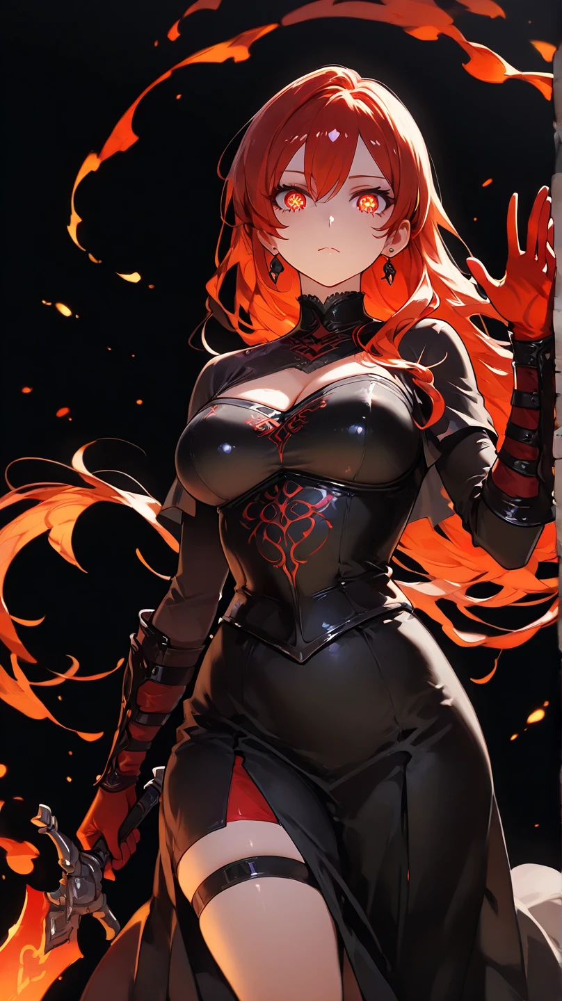 an HDa crimson bright red shade of a serious badass mature female with crimson eyes and long crimson red hair waving in the wind wearing a black medieval armor dress while holding a flaming sword doing a slash vertical motion leaving a fire tendril in it's movement, black background with red glowing tendrils, cinematic bright color effects,black background, high detail, high quality, best quality, 8k, masterpiece