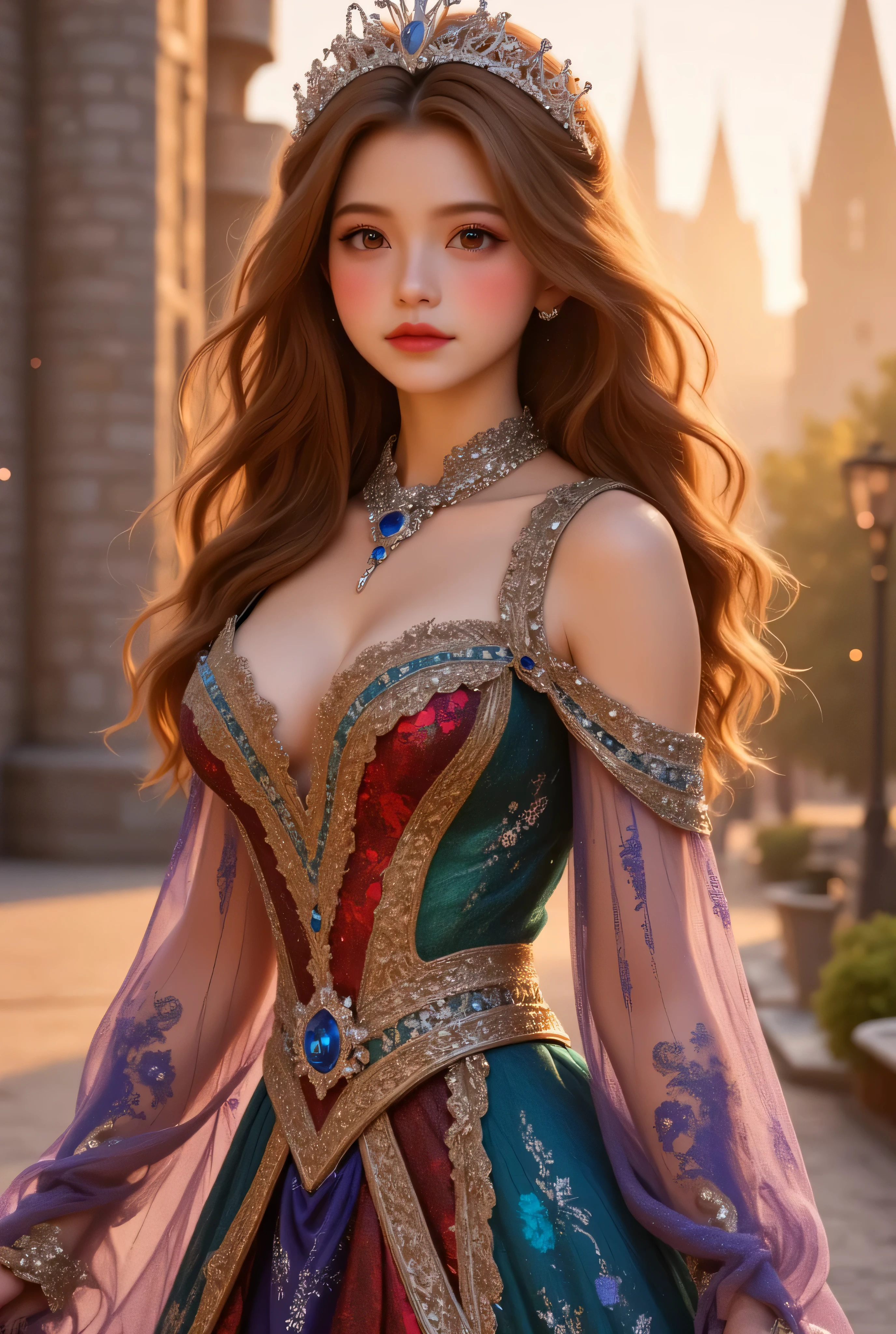 1girl, Long hair, lors, deep contrast, super real, pink lipstick, lovely atmosphere, cinematic composition, close-up of face. She is wearing a breathtakingly opulent princess dress with flowing, multi-layered fabrics in a mesmerizing blend of royal blue, deep crimson, emerald green, and shimmering violet, creating a dazzling gradient effect. The dress is adorned with intricate golden and silver embroidery, forming delicate floral and celestial patterns, intertwined with radiant, sparkling gems in shades of sapphire, ruby, emerald, and amethyst. The off-shoulder design is enhanced with sheer, shimmering fabrics that drape elegantly, catching the light like woven stardust. Her bodice is encrusted with fine jewel embellishments, and a beautifully detailed silver and gold belt cinches her waist, adding to the regal elegance. She also wears a dazzling gemstone necklace, a delicate tiara of intertwined silver and gold adorned with pearls and precious stones, and an exquisite matching bracelet. Her dress have many lights , shinning out the lights.
She stands gracefully in front of a magnificent castle with towering spires, intricate stonework, and glowing stained-glass windows that cast a kaleidoscope of colors onto the grand courtyard. The castle is bathed in the golden light of a setting sun, with the sky painted in warm hues of orange, pink, and purple. Ethereal sparkles fill the air, adding a magical glow to the scene. Her expression is serene, confident, and regal, exuding the grace and charm of a true fairy-tale princess in a fantastical, enchanted world.