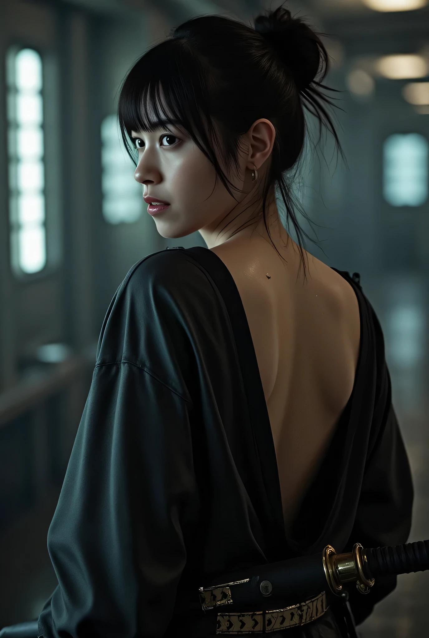 (((The dark interior of the Nostromo ship :2.0))),((( HR Gigger Style Cyberpunk Atmosphere :2.0))),(((Hold a cyberpunk-style Japanese sword:2.0))),Side view from the back ,Side pose,(( Look Back and Look at the Camera:2.0)),(( looking back over my shoulder :2.0)),Rear View,((whole body:2.0)), one woman,( cute face),(Beautiful well-balanced face ),(( natural big breasted :2.0)),( black hair:1.5),(beautiful eyes:1.3), glamorous shot of a 20 year old Japanese woman , Slender Beautiful Body ,((Model body type:2.0)),(( slim body with hot water:1.7)), perfect body line ,ideal proportions,( big breasts:2.0),Bare thighs, sensual thighs, delicate body,( Muscular:1.5),A harmonious posture,((Beautiful ass:2.0)),((cute ass:2.0)), ((((Bare ass :2.0)))),((( T-back :2.0))),(Realistic breast depiction :1.5), carefully depict limbs based on perfect anatomy,((Wear a samurai kimono-style military coat with an open front over a black super high-leg leotard :2.0,((a super high leg leotard made of fitted cammie-style latex:1.5)),(( Samurai kimono-style military jacket with the front open over a leotard:1.5)),(ear monitor:1.5),((Tactical Holster:1.5)),( gloves:1.3),concept art,(TOP QUALITY:1.5),(masterpiece:1.5),(超高resolution),resolution,UHD,( delicate depiction), carefully drawn with butterfly wings ,32K,((realistic skin texture:1.5)),((( Super realistic :1.5))), eyelashes,very detailed face,Highly detailed female hand,Very sensual,(Blurry Dim Backgrounds :1.5), professional photography,( Movie Lighting:2.0),(( Blade Runner Style Lights :2.0))