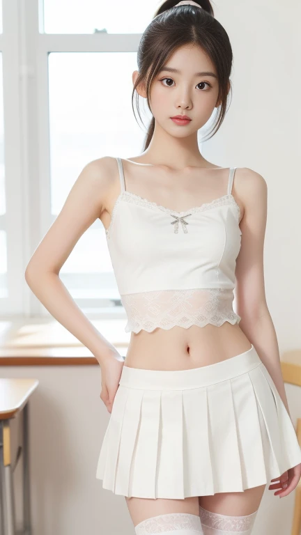 ((RAW, 8K, Masterpiece)), detailed face, detailed hand, skin texture, 1girl, 20 years old, tiny body, cute, pretty, slender figure, pale skin, (big breast:1.2), open side boob, open side waist, exposing side , armpit, (sheer shirt:1.3), (ultra short skirt:1.3), butt, crotch, panties, thigh, standing next to window, blonde hair