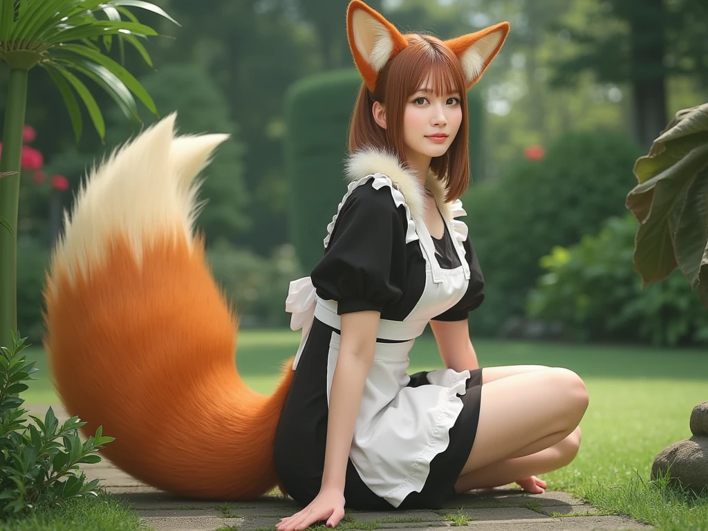 ((Highest quality, 32K)), ((masterpiece)), (Familiar), Perfect Face, Fox Girl, pretty girl, Outdoor, model, One tail, She has a tail, She grows a fluffy tail, Beautiful hip line, Thick thighs, A large tail sticks out, On all fours, Wagging his tail happily, She only has one tail,Smiling Kindly, mini skirt