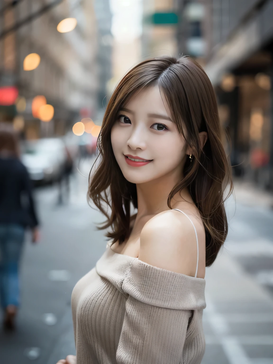 Tabletop, highest quality, shape, Very detailed, finely, High resolution, 8k wallpaper, 完璧なダイナミックな構shape, Beautiful and detailed, Elegant winter clothes,Medium Hair,Small Breasts Natural Color Lip, Bold sexy pose,smile、20-year-old girl、cute、Looking at the camera is sexy,night,Beautiful and elaborate face,Elegant face,Perfect and beautiful face,Slim face and body,Spread your arms wide、Background Blur