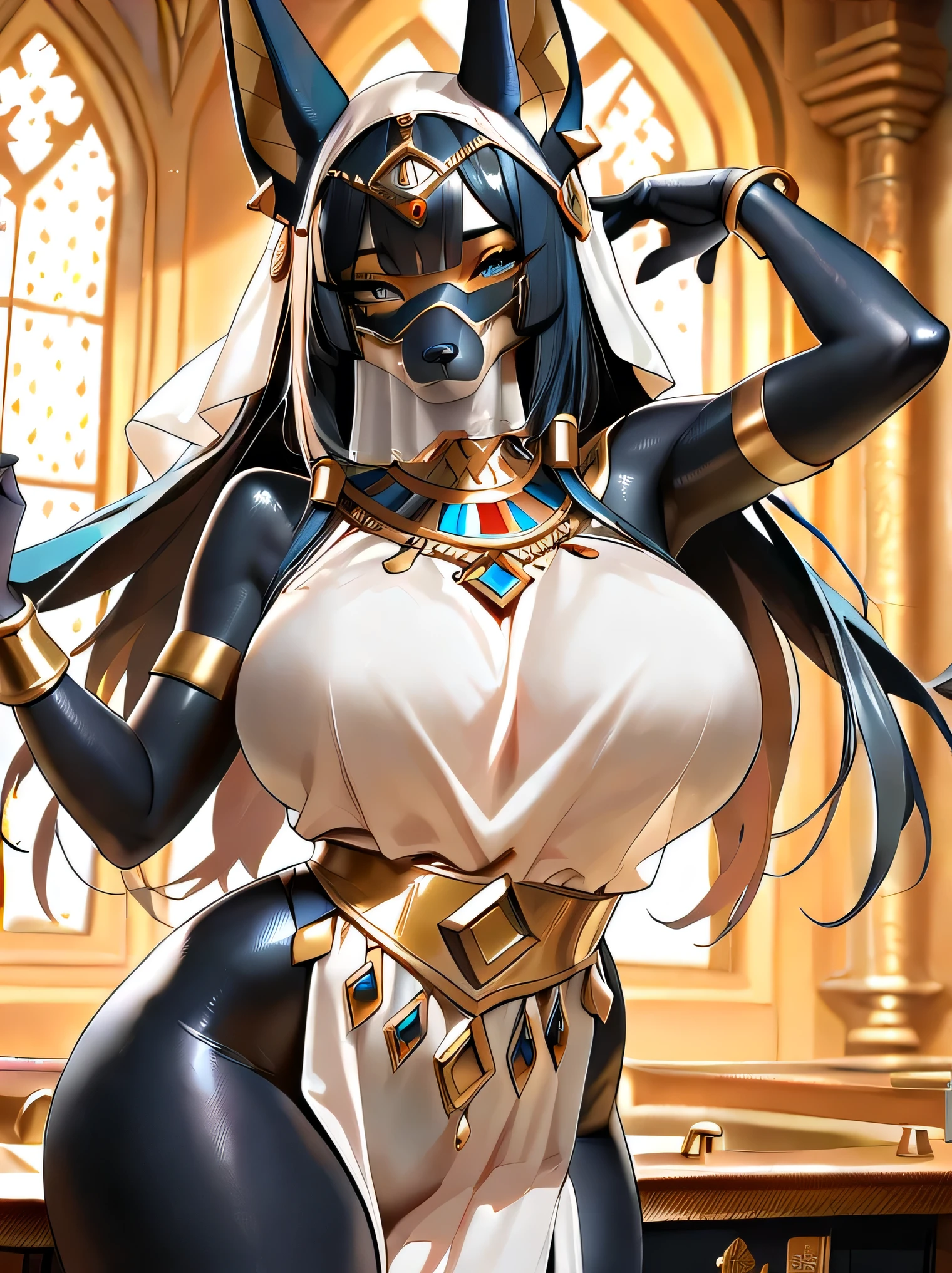 two Women,one with tan skin, one with paler skin, both have their hairs covering their eyes. one Chestnut brown long hair, one has long silver hairs. both have Volumptious body. Covered in bandages like a mummy. Revealing clothes, . one with Golden circlet, one with silver circlet. Giggling. Evil smile, egyptian style clothing, egyptian style hairstyle, thin waist, large breast, alluring body, kneeled, mouth veil, pushing against each others, grasping each other hands, large breast, high res