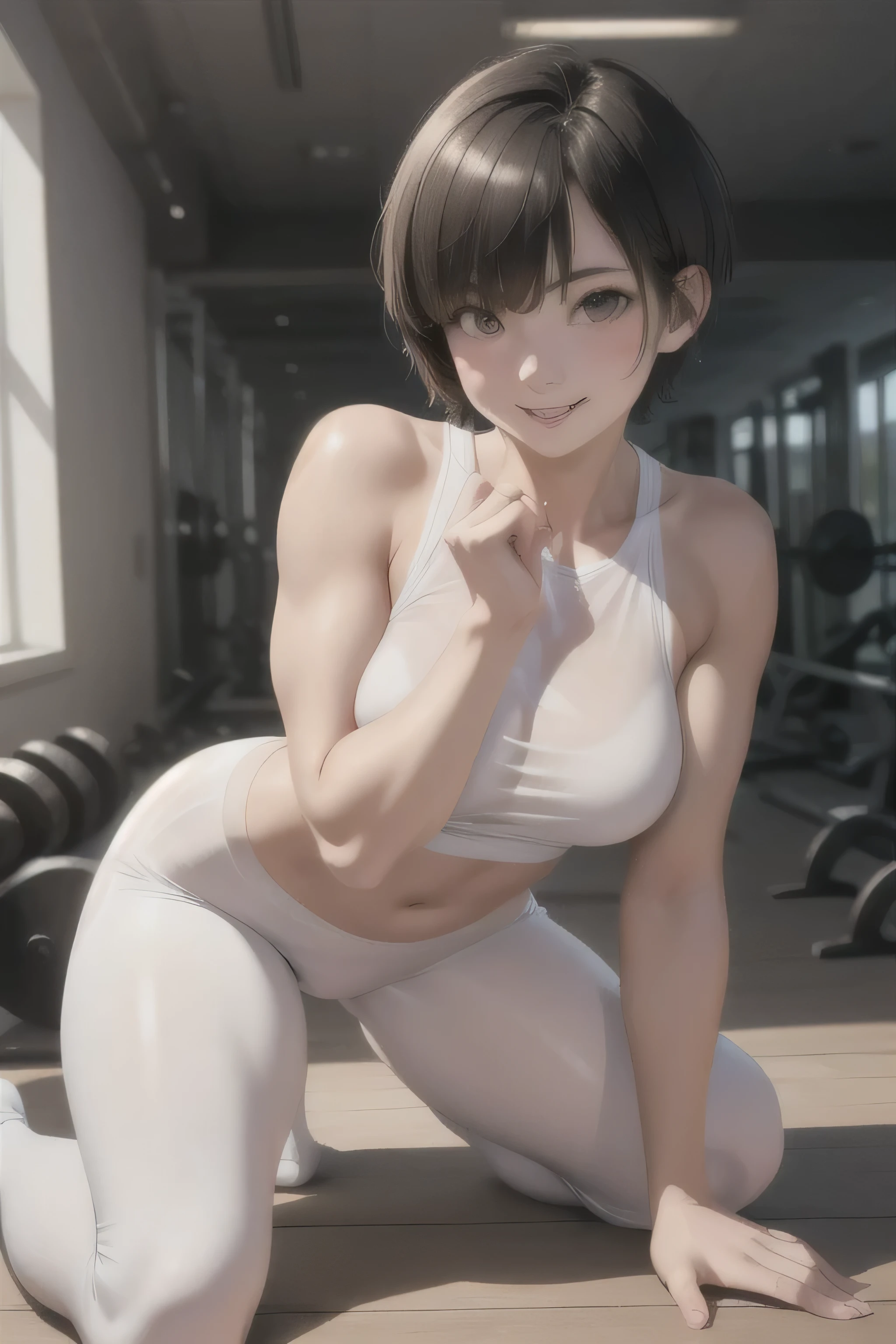 Best Quality, Ultra High Resolution, Photoshoot, (Photorealistic:1.4), 1 Girl, Muscle Girl, Smiling, At Gym, White see-through tank top, White see-through leggings, Gaze, (((very short hair))), (((white skin))), Front, Plank, Full Length, Thin Eyes thin face,