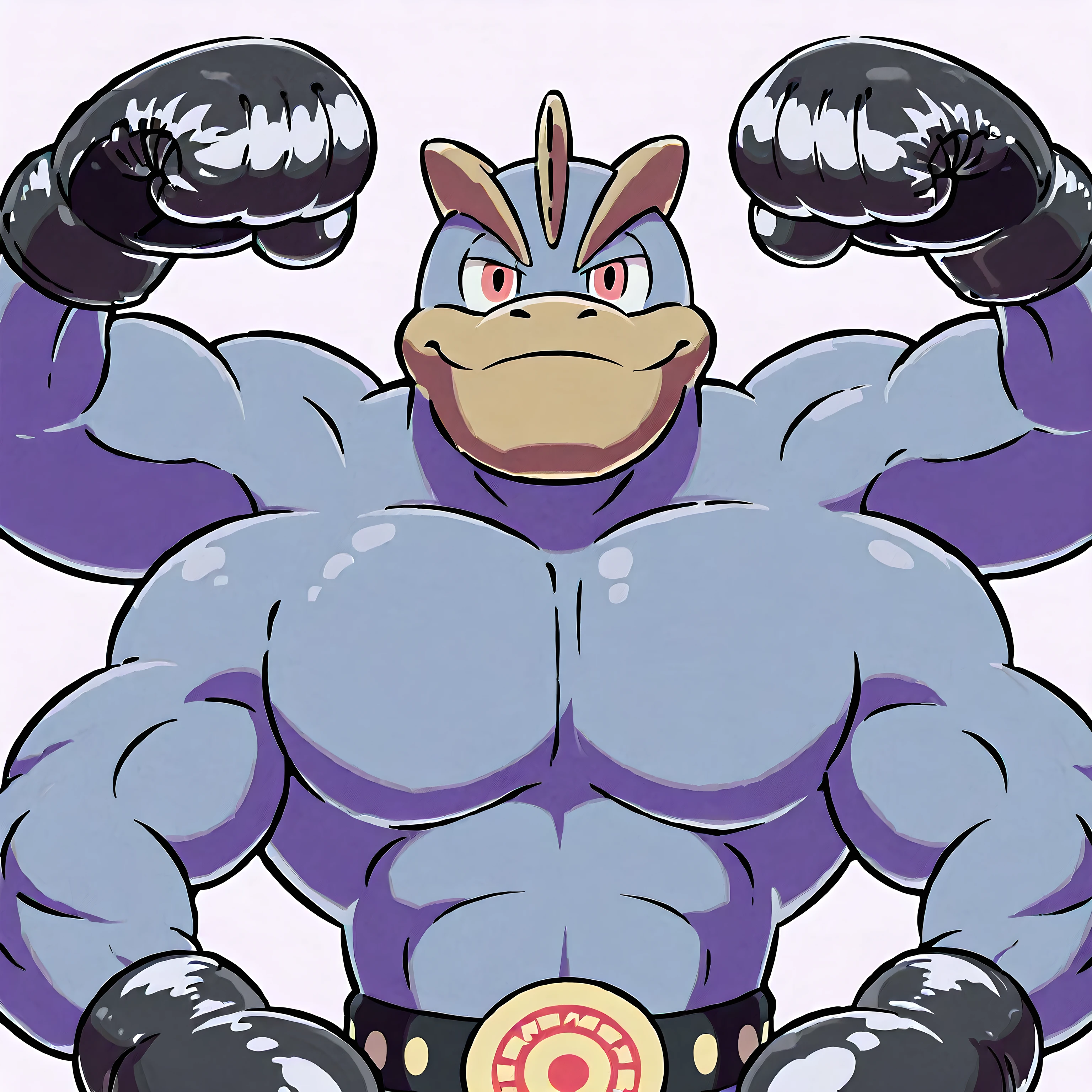 machamp, high quality, male, solo, white background, no background, looking at viewer, posing, half body, very muscular, wearing black boxing_gloves, boxing gloves, pov_boxing, front view, four arms, flexing