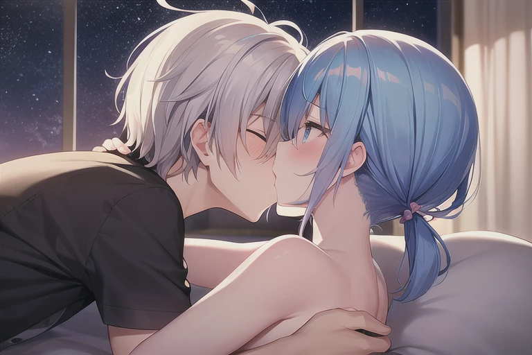 tied up naked Rei Ayanami from Neon Genesis Evangelion kissing shinji ikari in an indoor pool, night, moon, rape, indoor pool