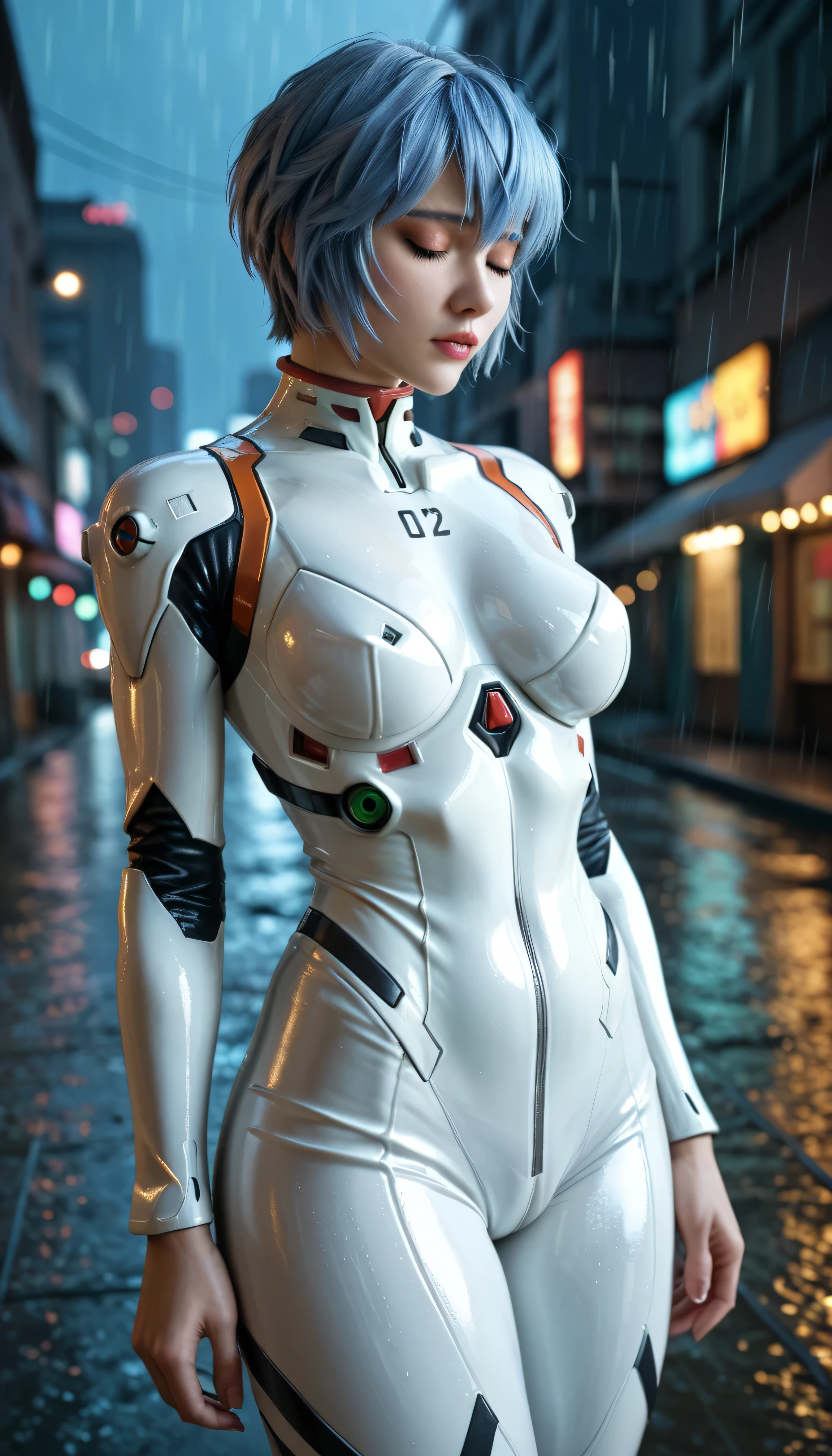 Evangelion,Rei Ayanami,Silver Blue Hair,Red Eyes,Plug Suit,Bodysuits,Interface Headset,白いBodysuits,Ultra HD,super high quality,masterpiece,Digital SLR,Photorealistic,Detailed details,Vivid details,Depicted in detail,A detailed face,Detailed details,Super Detail,Realistic skin texture,Anatomical basis,Perfect Anatomy,Anatomically correct hand,Anatomically correct fingers,Complex 3D rendering,Sexy pose,Rainy Sky,Beautiful scenery,Fantastic rainy sky,Picturesque,Pink Lips,smile,