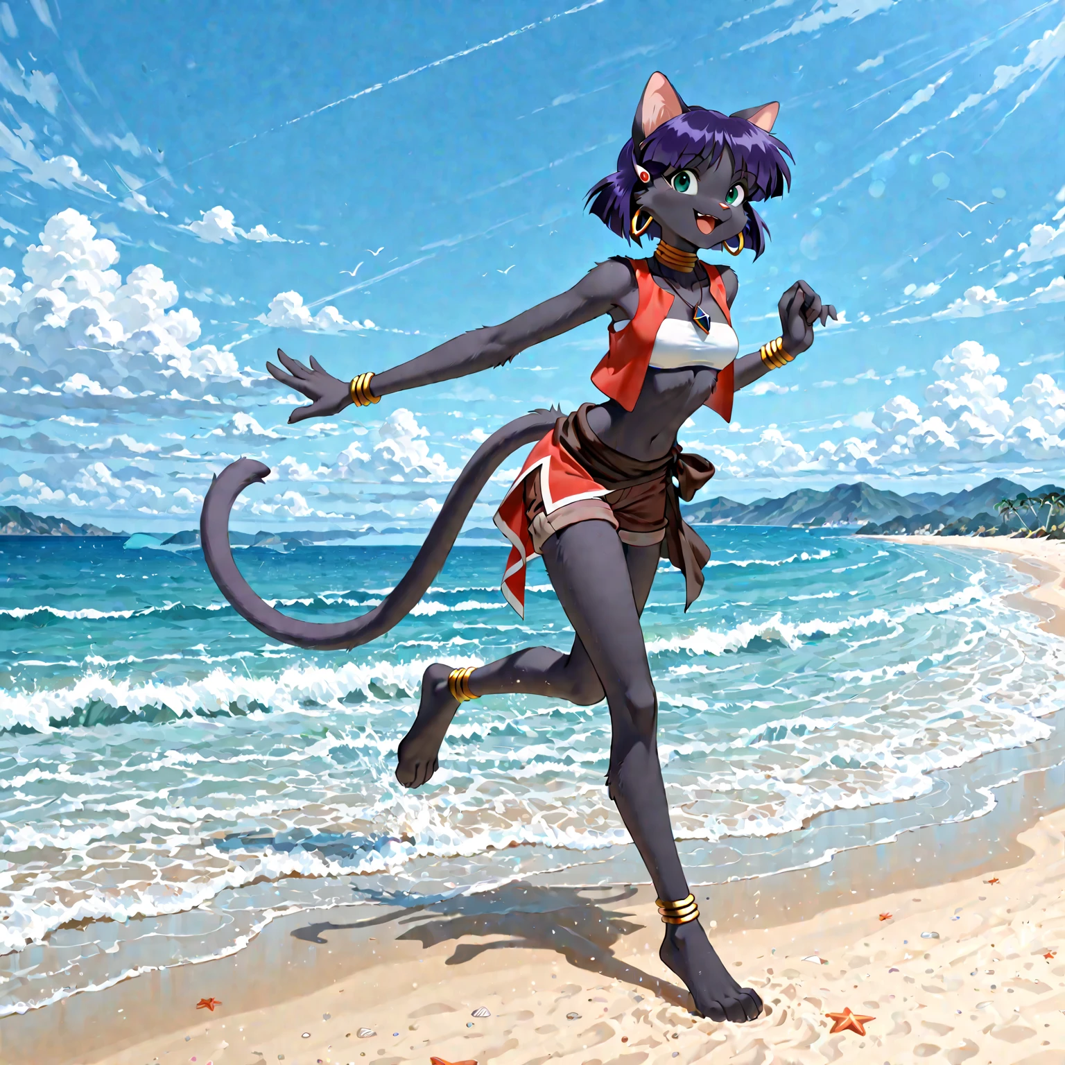Masterpiece, best quality, absurdres, 1girl, beautiful legs, menat_holiday, crystal ball, light smile, dark skin, Green eyes, egyptian, bob cut, red dress, (black hood), black gloves,(shiny thighs),, tail, bell, bare shoulders,sexy thighs,close up,(((beautiful leg))),solo,panty shot,evil smile,stretching