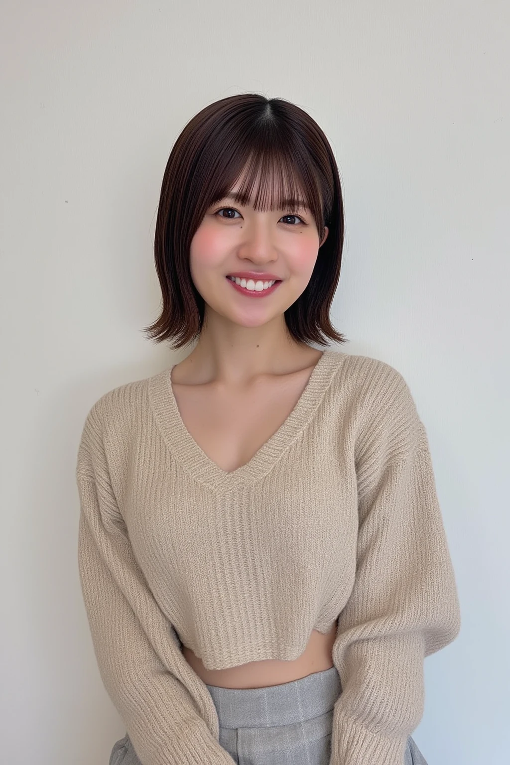((surreal))(highest quality)), ((masterpiece)), (be familiar with), Japanese girl with perfect face,25 years old,very nice image quality,4K,unparalleled beauty,Slightly rough skin ,brown eyes,transparent eyes,shiny hair,Tomboy,short hair,round face,8hair with brightness levels,Fair skin tone,,look at the camera,The season is spring,Clothes,smile a little,
,full body portrait,With bangs,
Concrete wall room,A gentle light shines