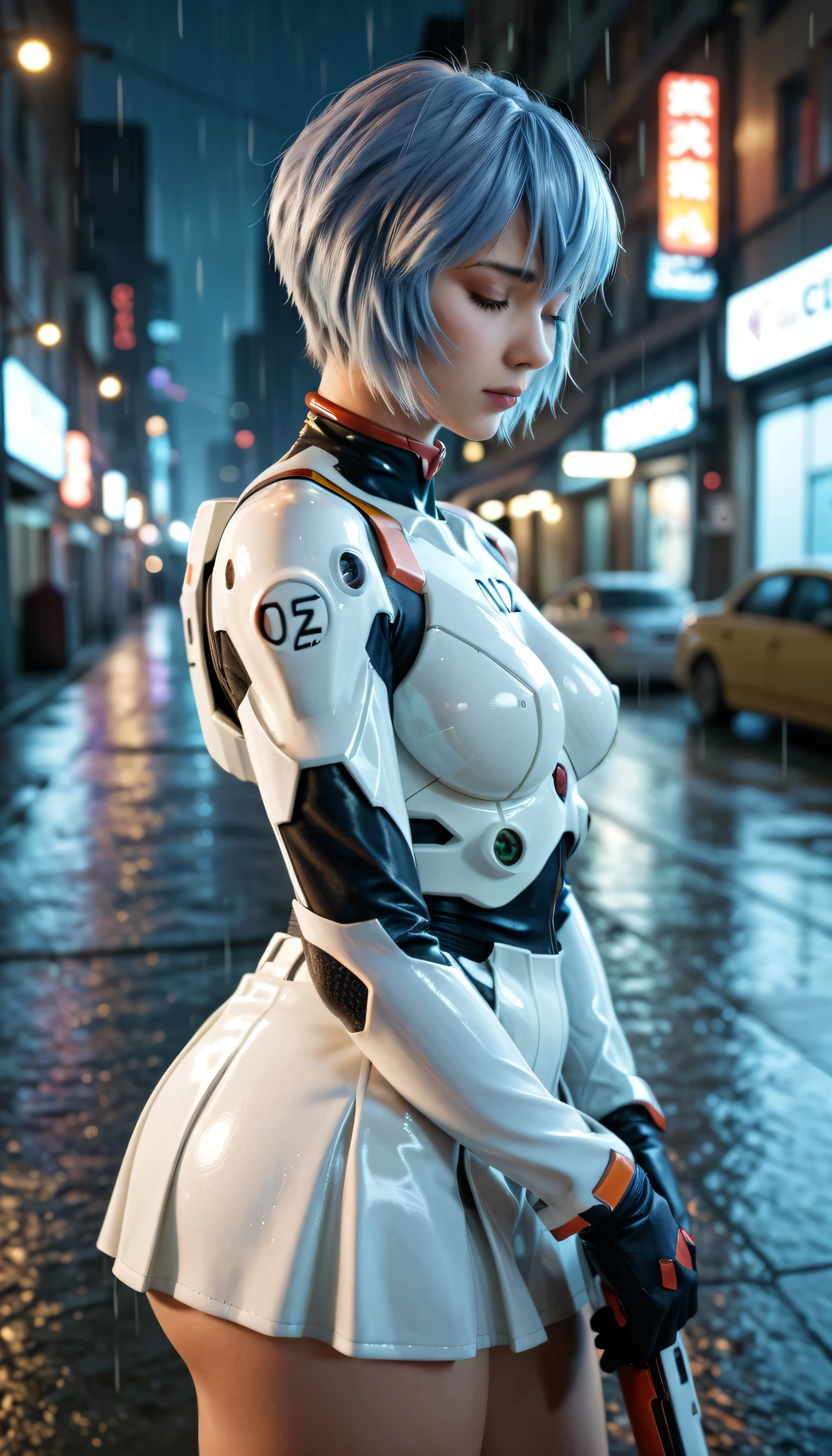 Evangelion,Rei Ayanami,Silver Blue Hair,Red eyes,Plug Suit,Bodysuits,Interface Headset,白いBodysuits,Ultra HD,super high quality,masterpiece,Digital SLR,Photorealistic,Detailed details,Vivid details,Depicted in detail,A detailed face,Detailed details,Super Detail,Realistic skin texture,Anatomical basis,Perfect Anatomy,Anatomically correct hand,Anatomically correct fingers,Complex 3D rendering,Sexy pose,Rainy Sky,Beautiful scenery,Fantastic rainy sky,Picturesque,Pink Lips,smile,