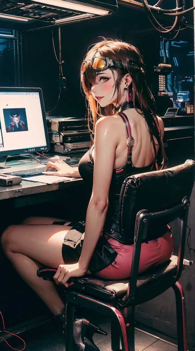 An anime girl dressed as a robot and sitting on a computer running a system