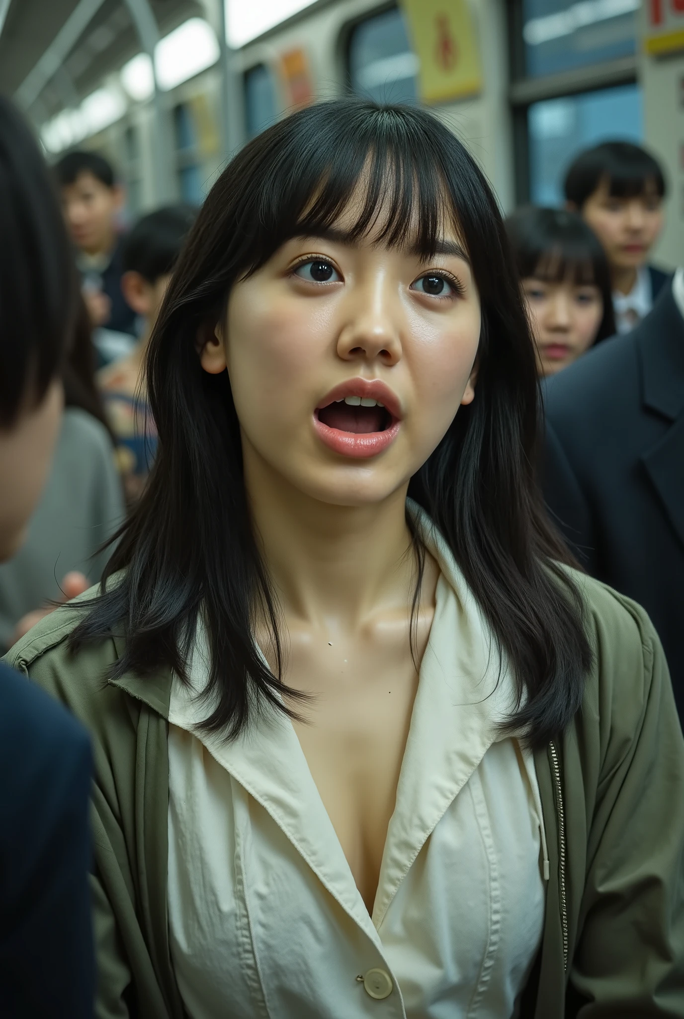 beautiful dark-haired woman turning sideways to the left , Commuter trains in Japan,Crowded car interior, worn over jacket 、 wide-breasted white shirt , (( climaxes by turning her back to screaming climax leaning on playground equipment)) , close-up with his eyes closed , ( 8K ultra HD :0.8), Super Detail, RAW amateur photo ,((face up)), grimace, irritated, frown, open your mouth wide ,Panting face, It's there , chest, neck, and face shining wet with sweat ,Coordinating Your chest to SEXY , Dirty Toilet Floor {x} Beautiful Actress Scandal,lean on the back of the chair, leaning back from outside , during sexual activity , sex,seat, 胸元はsweatだくで、Décolletage , sweaty,( Wet Filter) climax face ,length, Narrow nostrils, carved face ,Greek Nose,((sweat, oily skin)) My face and body are wet with water , sexハードオーガズムの女性の顔をランダムで表現して,Cutting your hair,